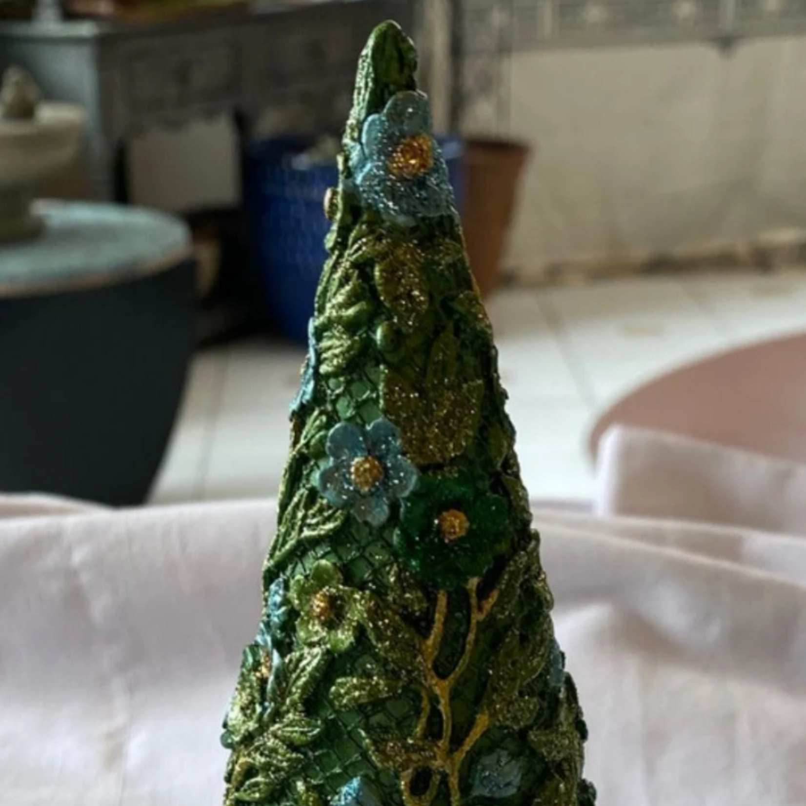 9" Floral Bloom Cone Tree - Evergreen