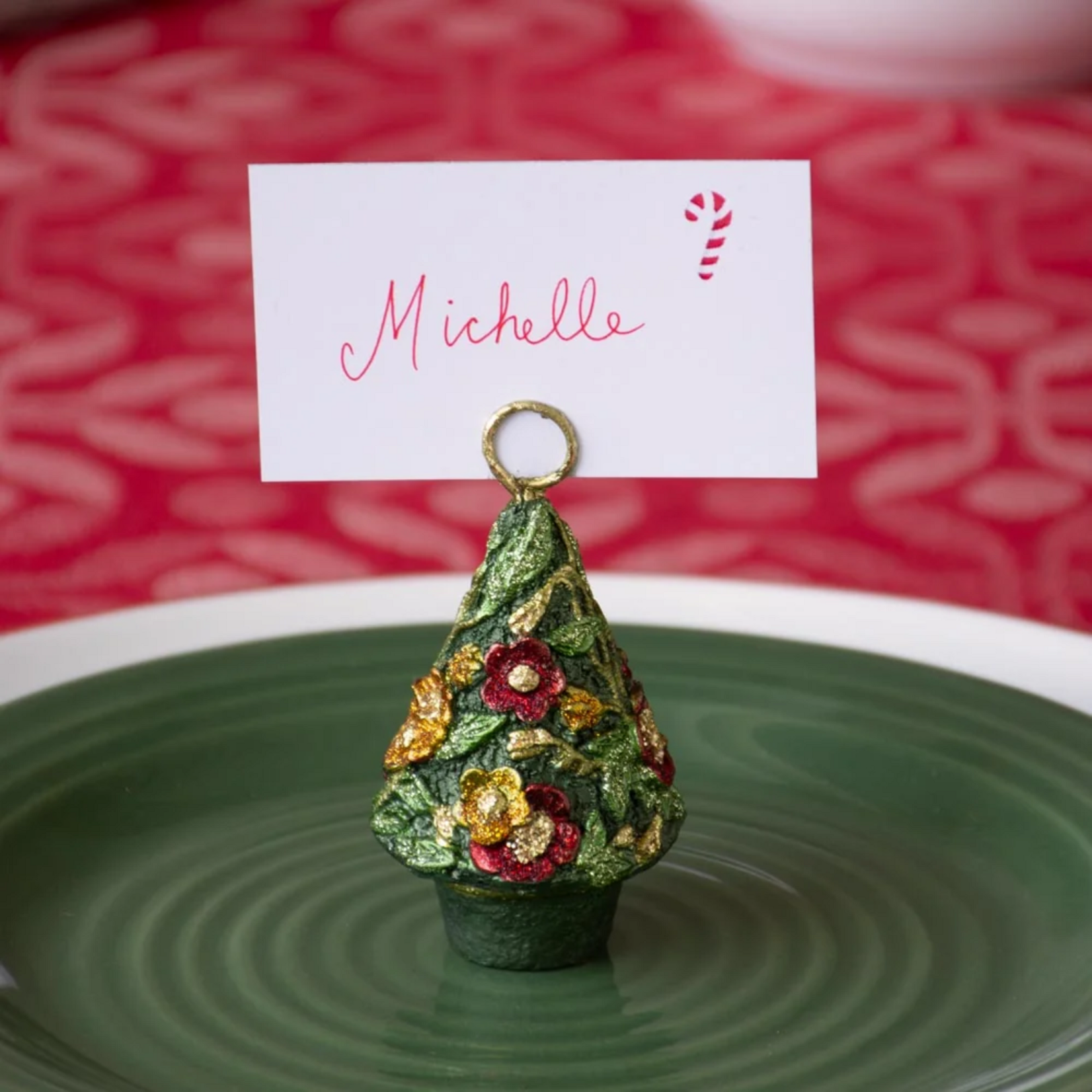 2.75 " Floral Bloom Place Card Holder - Traditional Green