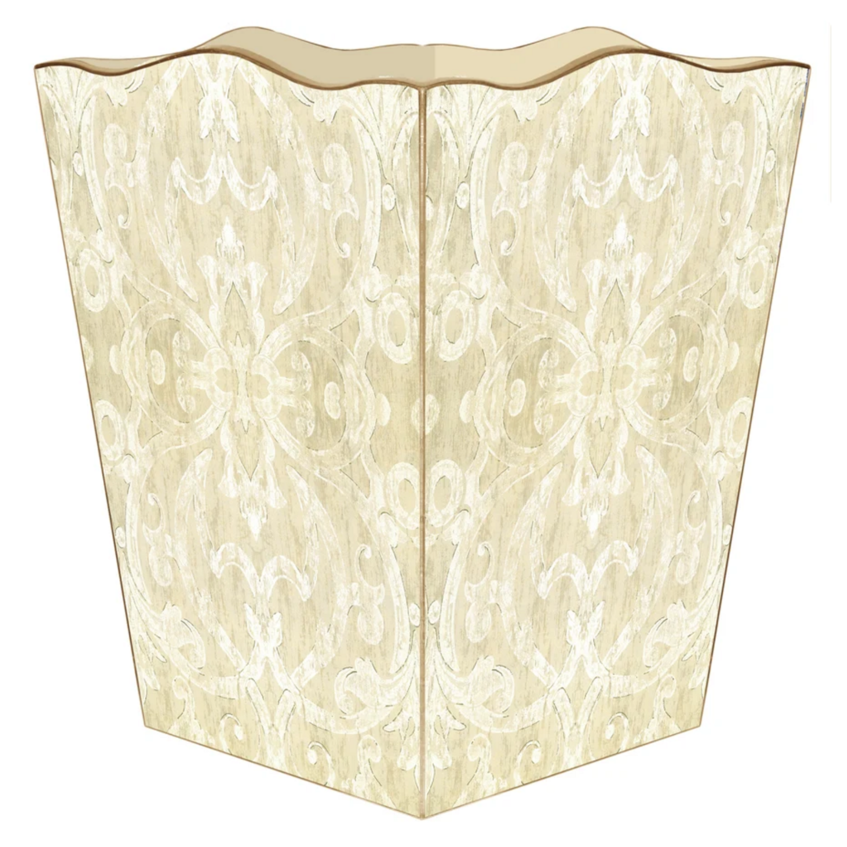 Marye- Kelley Antique Gold Damask Scalloped Wastebasket