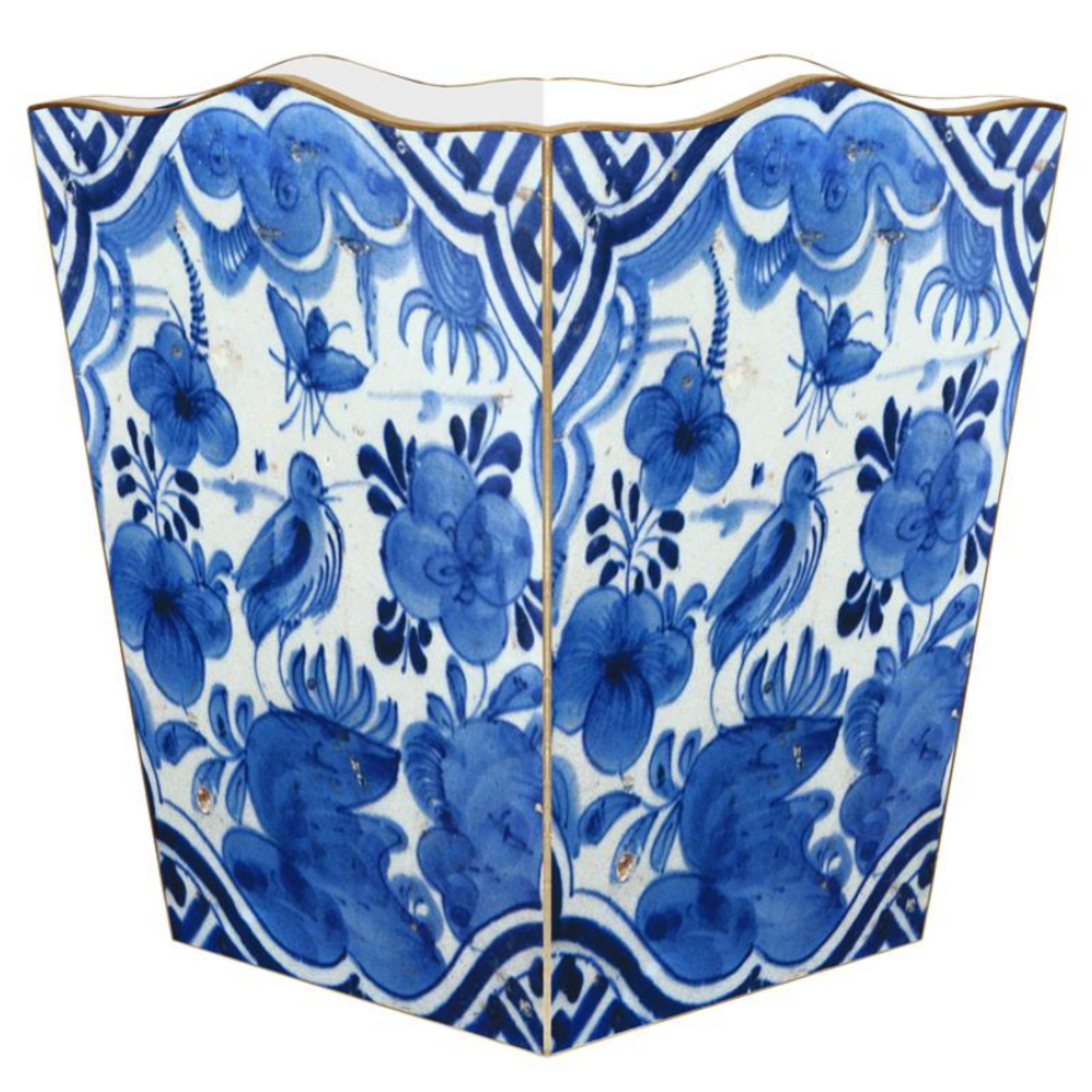 Marye- Kelley Blue Delft Bird Scalloped Wastebasket
