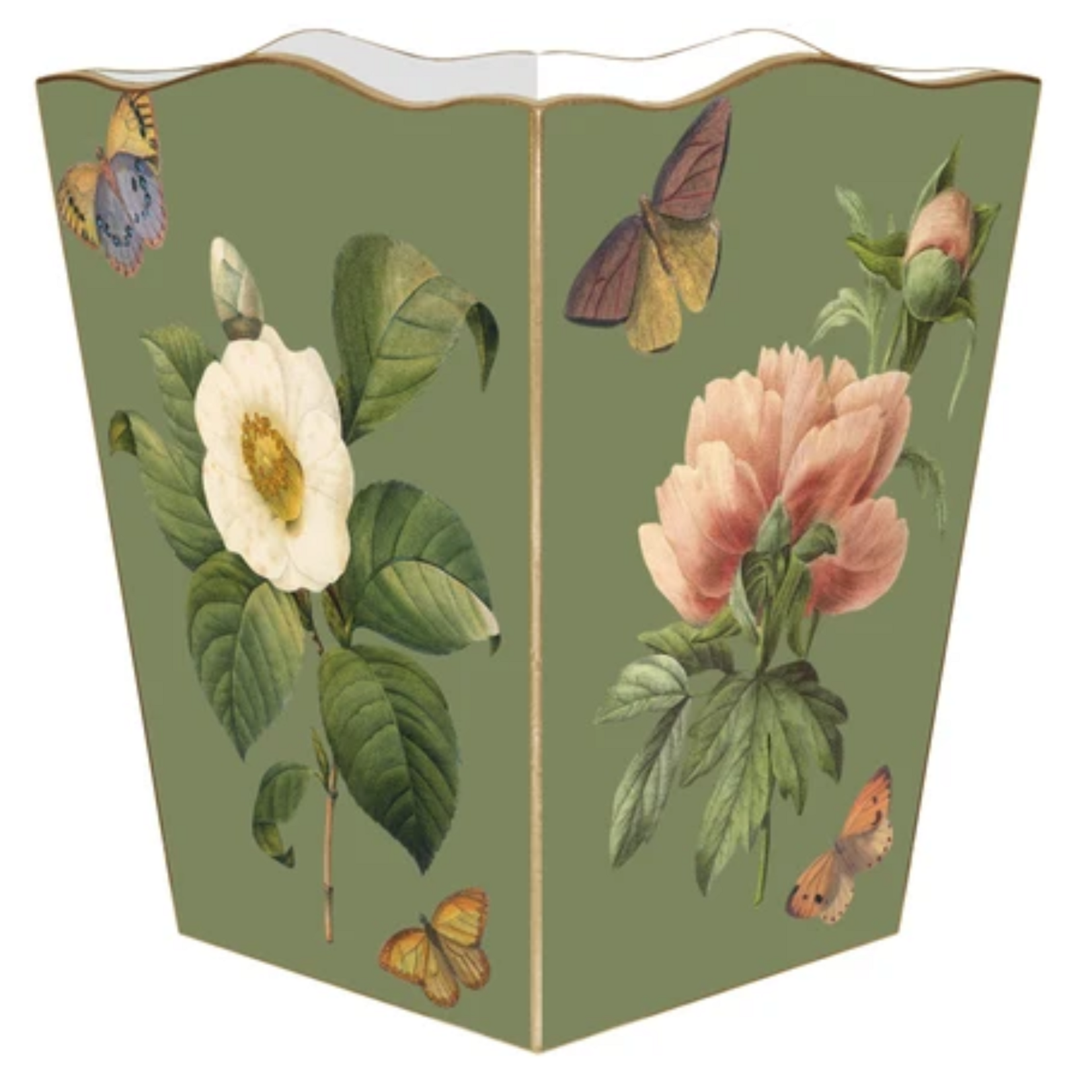 Marye- Kelley Sage Floral Scalloped Wastebasket