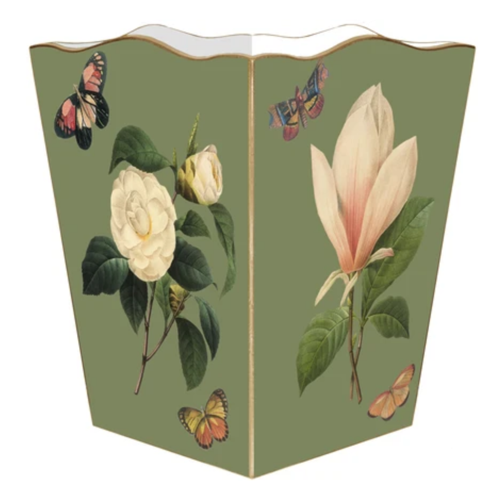 Marye- Kelley Sage Floral Scalloped Wastebasket