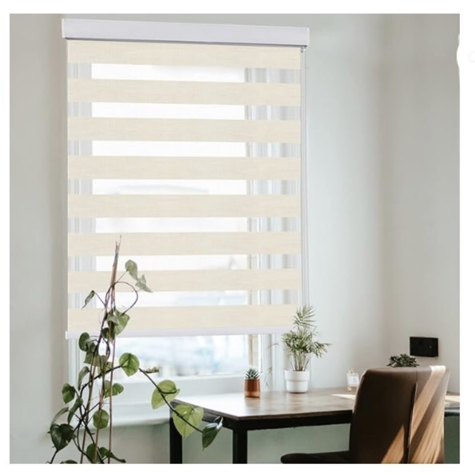 Discount Central KCO Zebra Blinds for Windows, Dual Layer Roller Sheer Shades Blinds for Day and Night, Light Control Window Treatments Shades with Valance Cover, 27" W x 72" L, Striped Beige