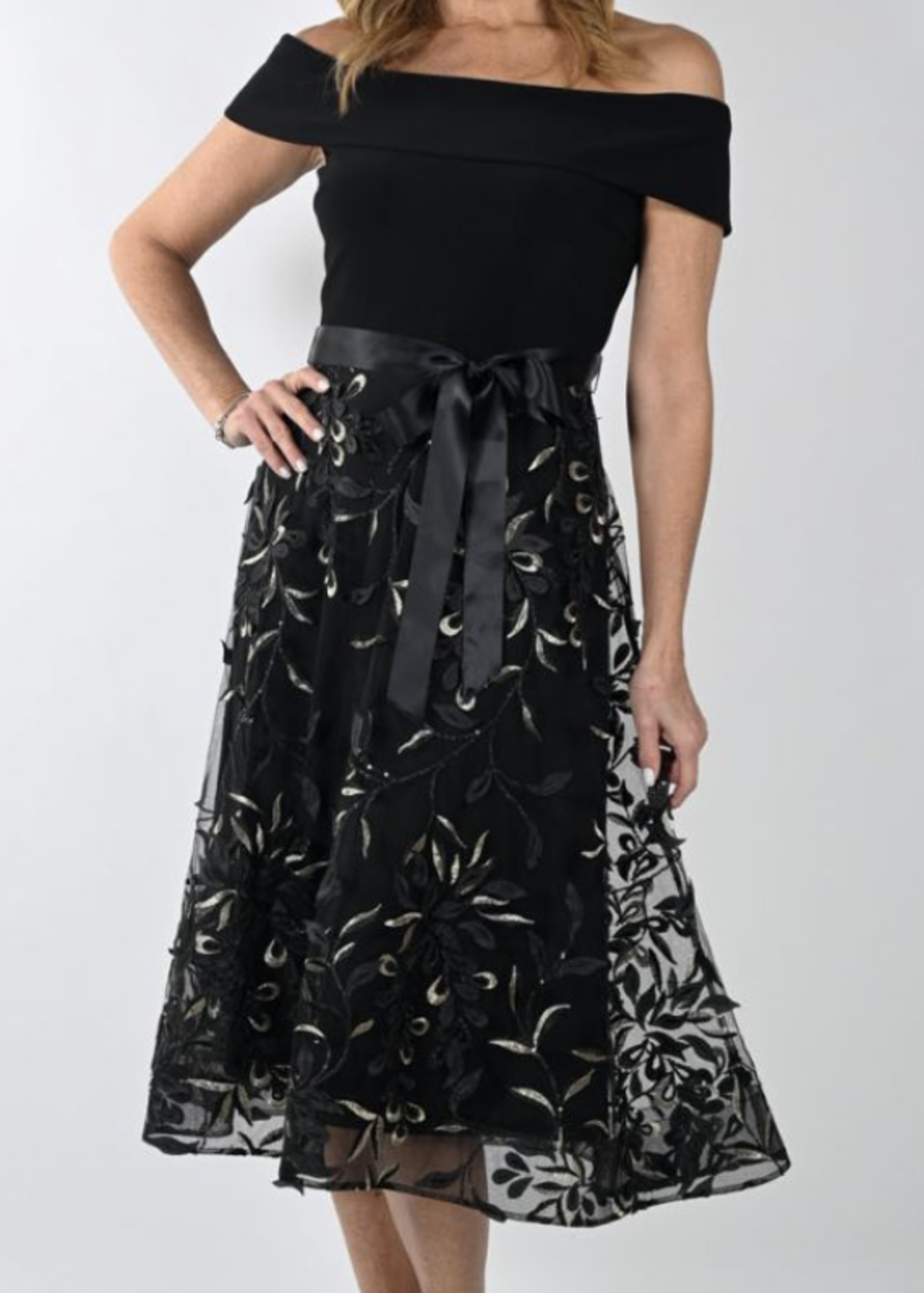 Frank Lyman Black off the shoulder dress with chiffon floral embroidered detail