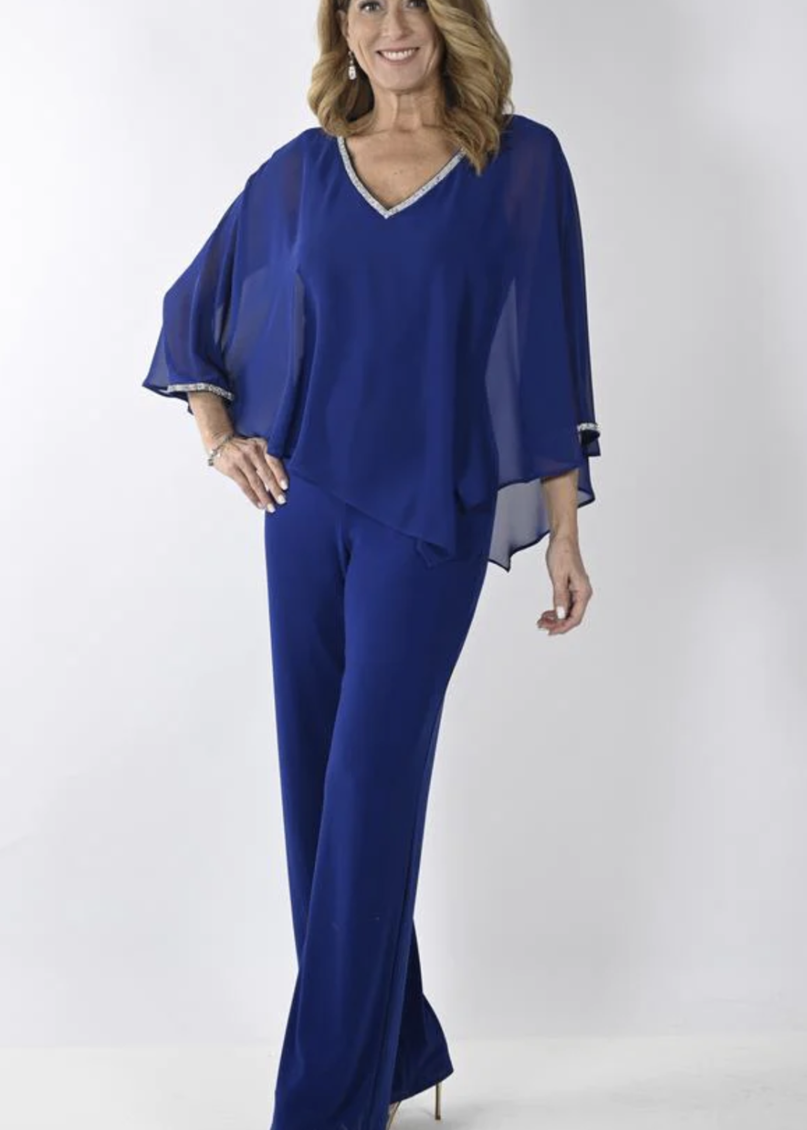 Frank Lyman Imperial blue jumpsuit with a chiffon rhinestone trim overlay