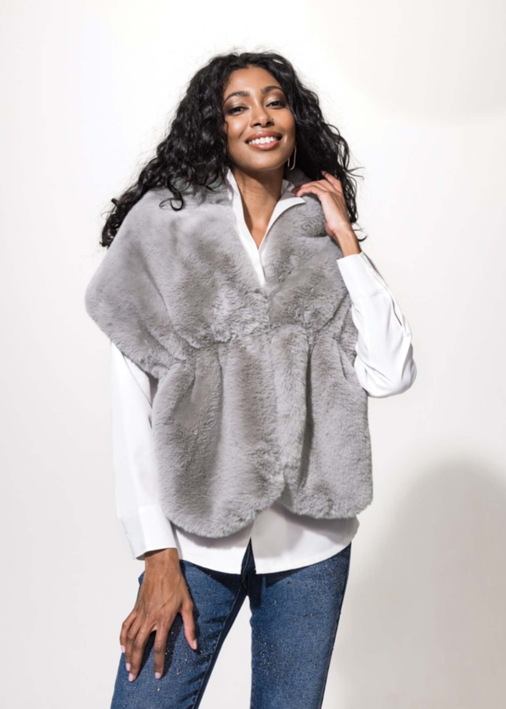 Alison Sheri Grey faux fur shawl