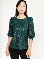Frank Lyman Emerald all over sequin top with 3/4 puff sleeve