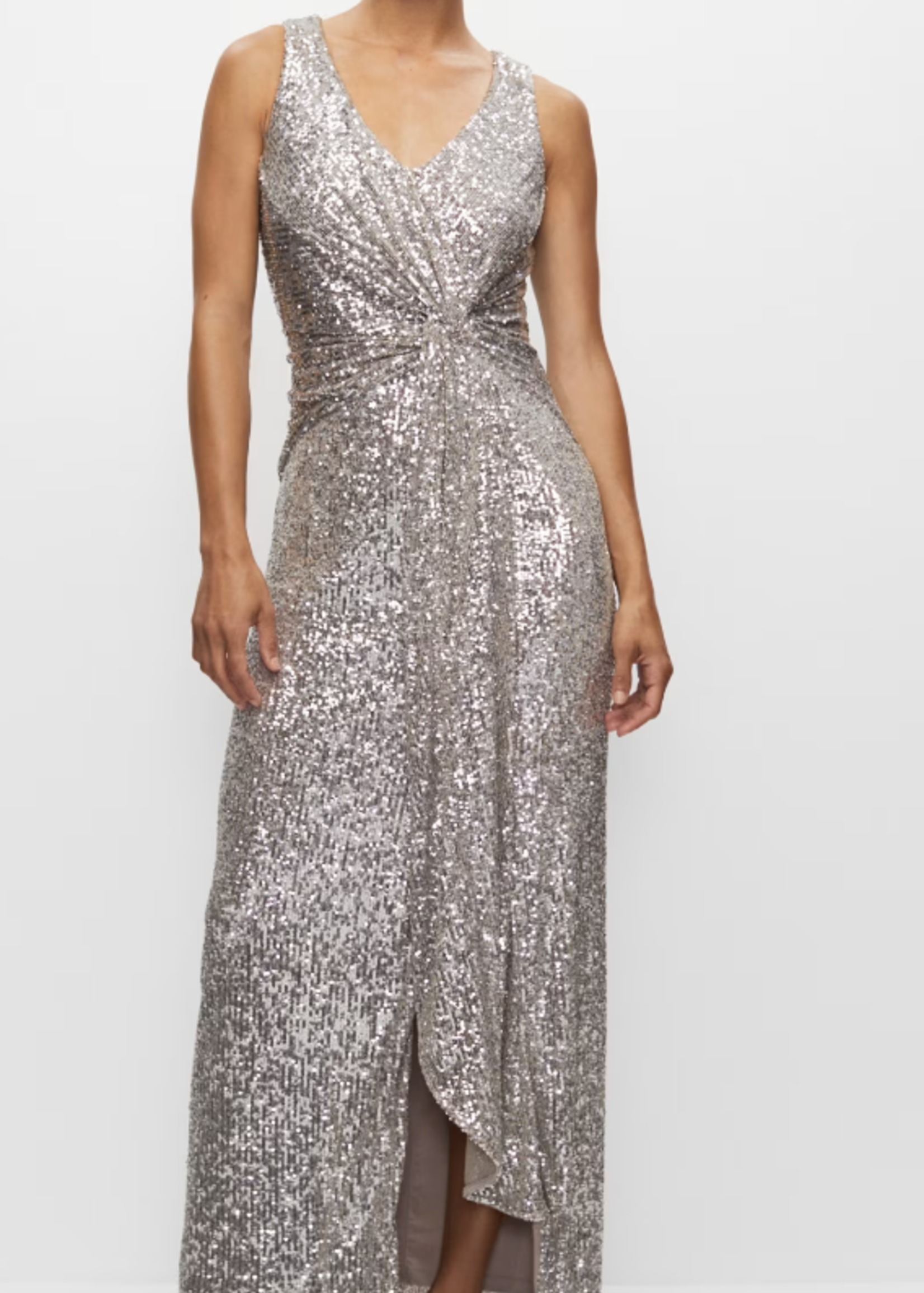 Joseph Ribkoff Silver/ latte knot detail all over sequin dress