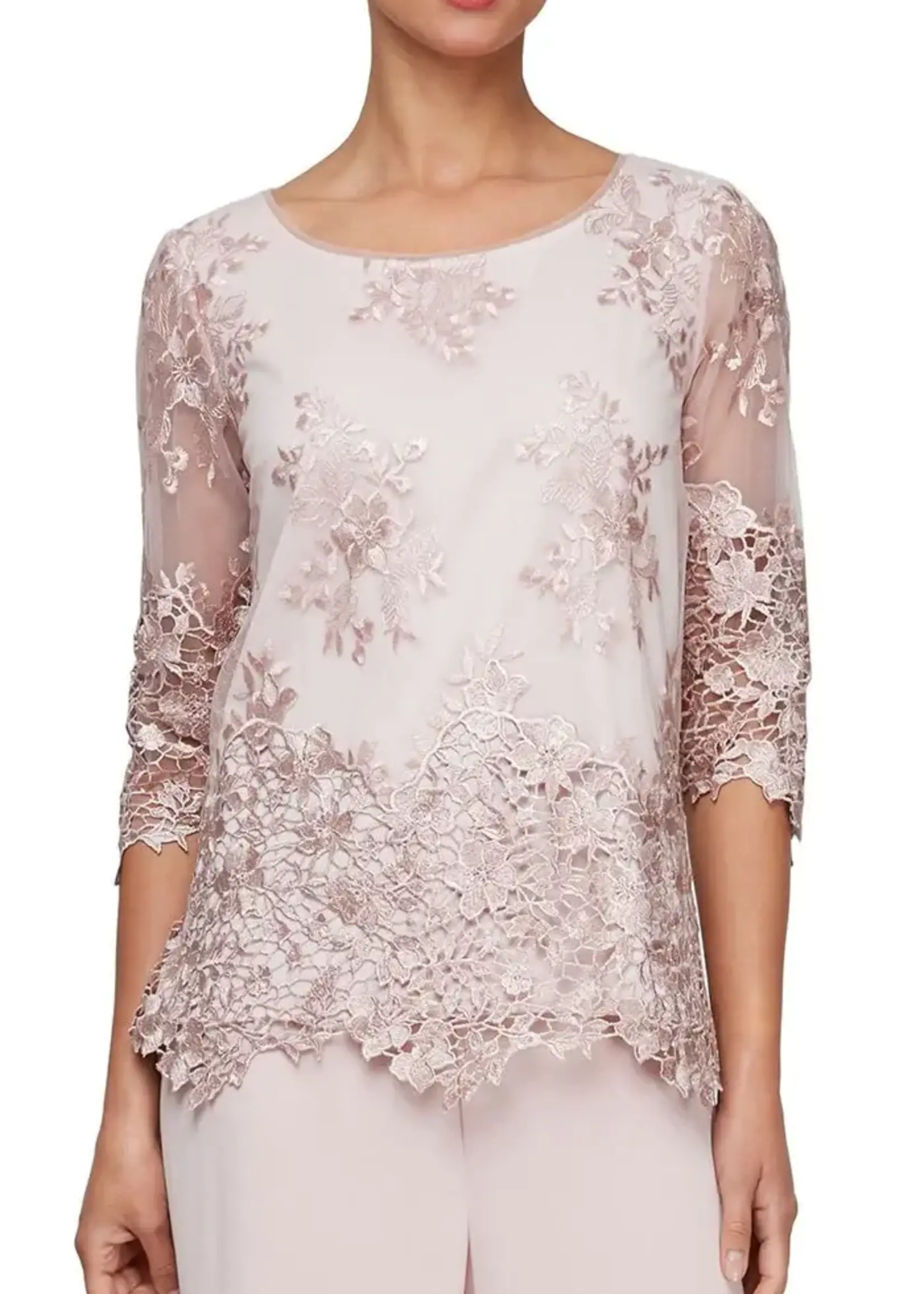 Alex evening Embroidered Scallop sleeve & hem blouse