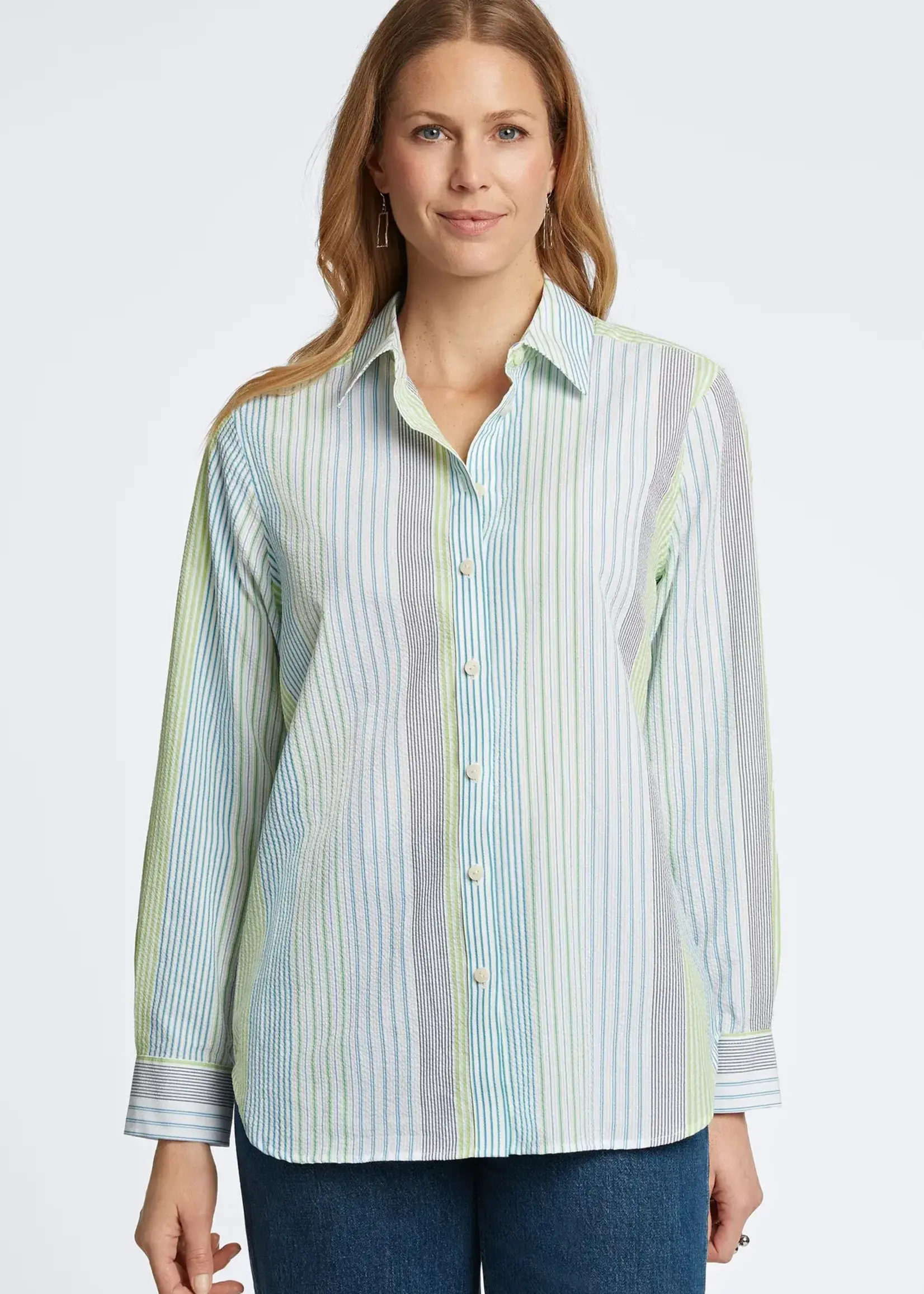 Foxcroft Boyfriend seersucker stripe blouse