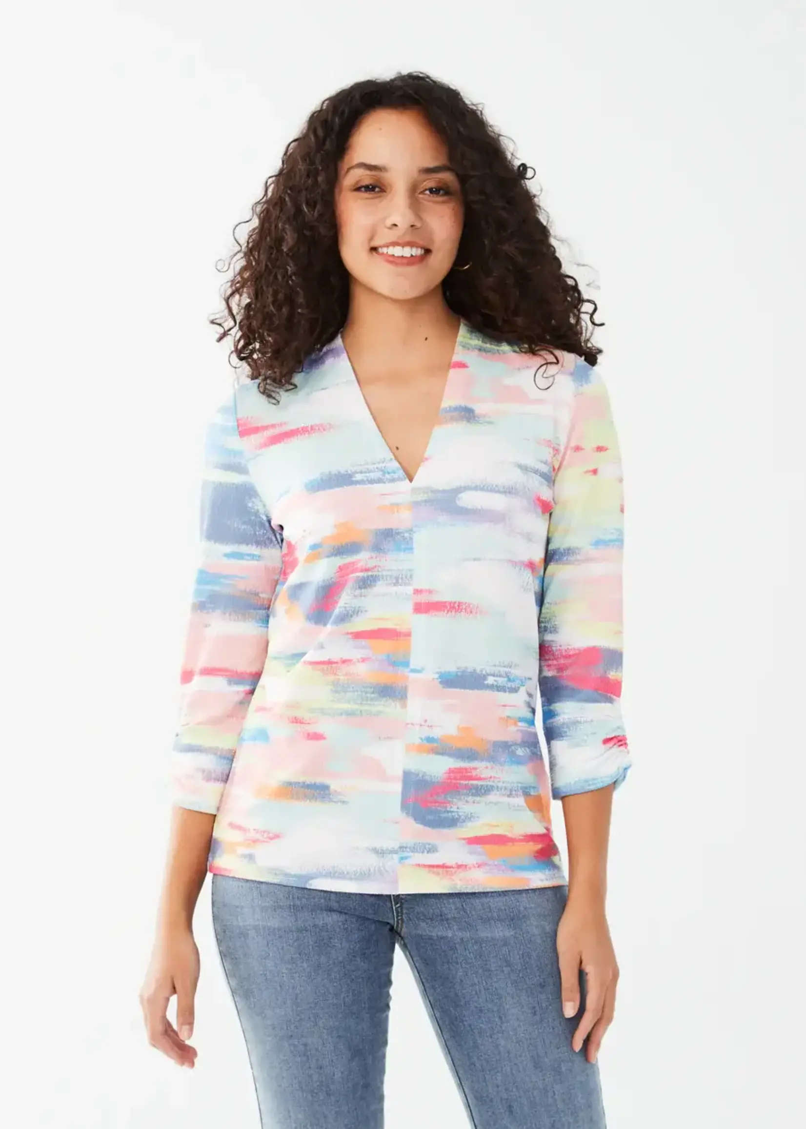 French Dressing Jeans V-neck 3/4 sleeve abstract top