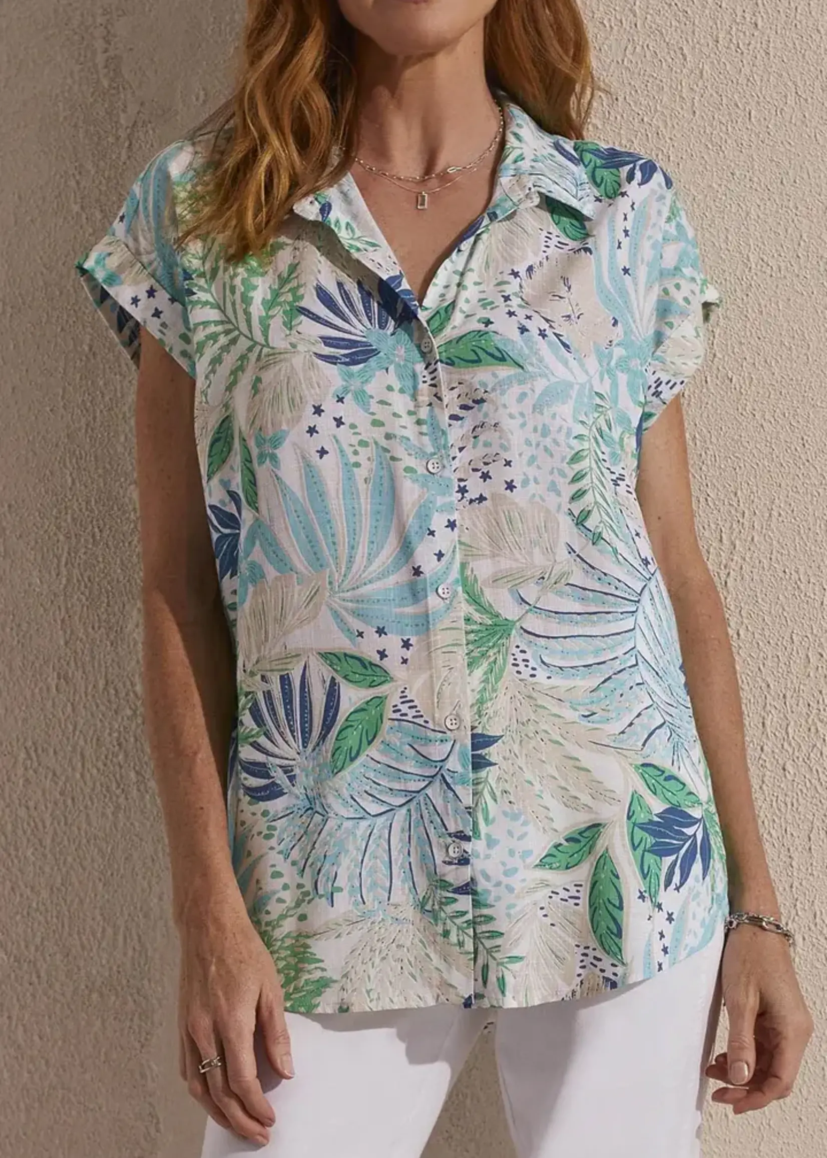 Tribal Printed cap- sleeve button up blouse