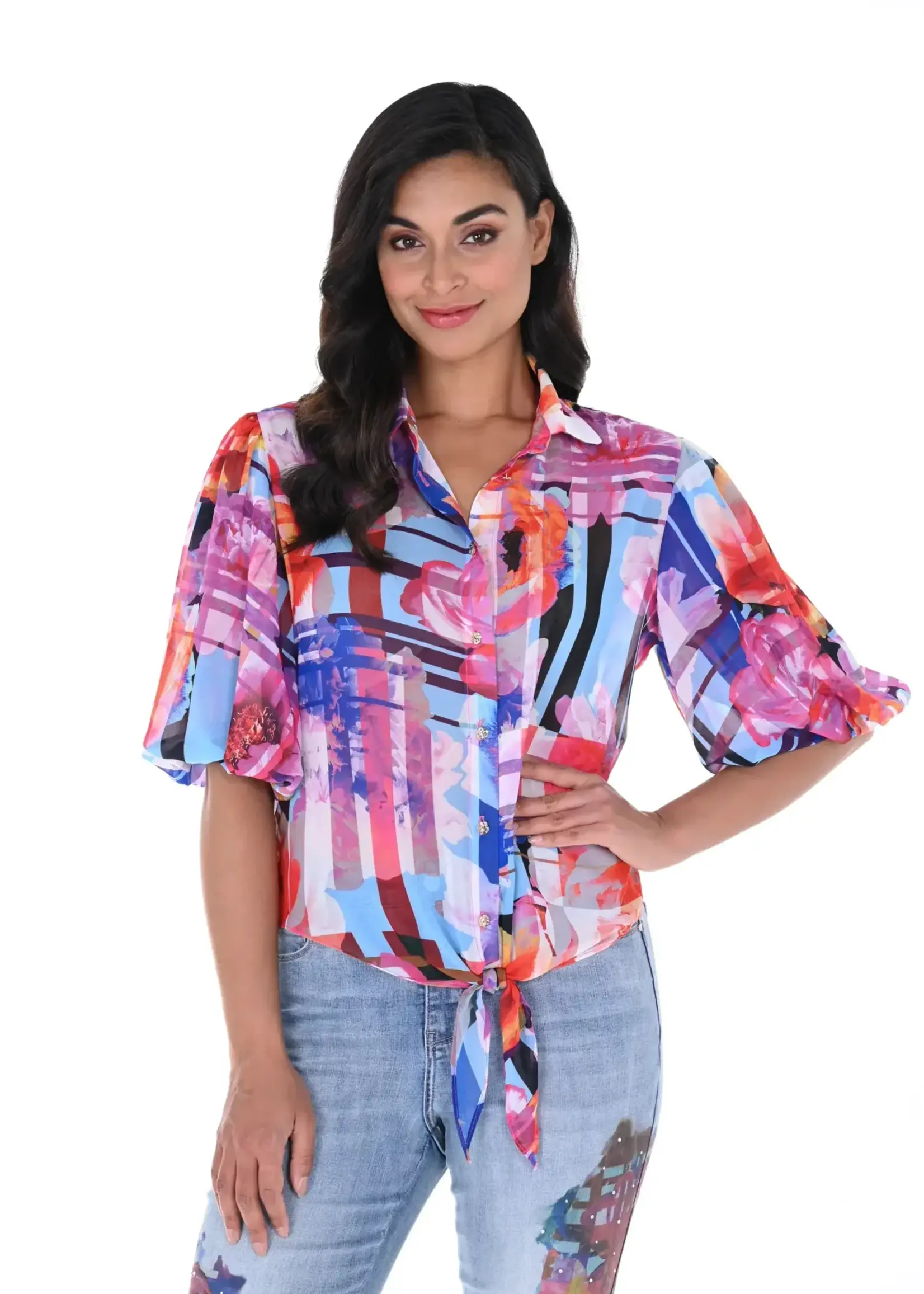 Frank Lyman Tie front blouse w/ puff sleeve