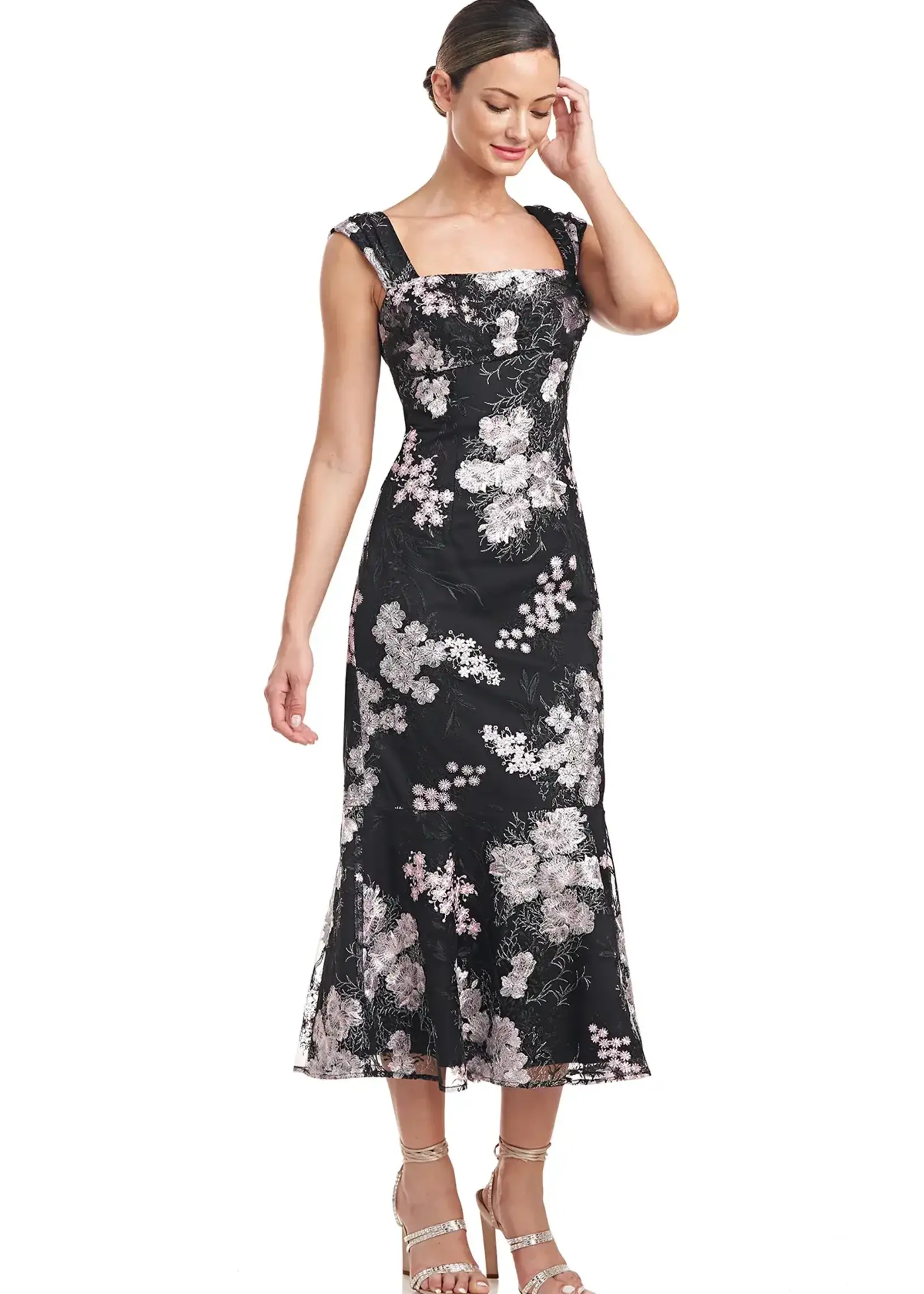 Square neck cap sleeve tea length dress