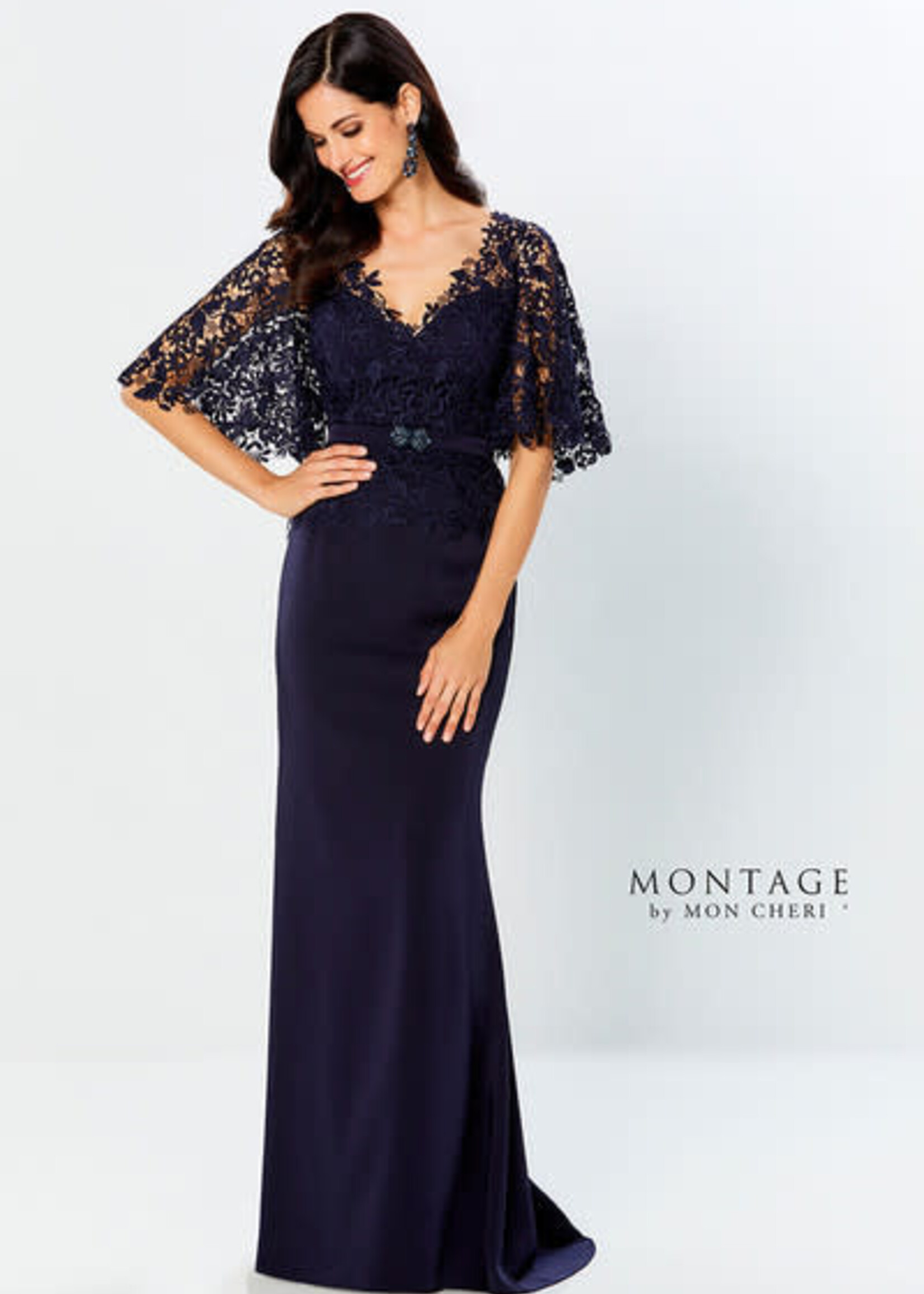 Montage Flutter sleeve Venise lace stretch crepe gown