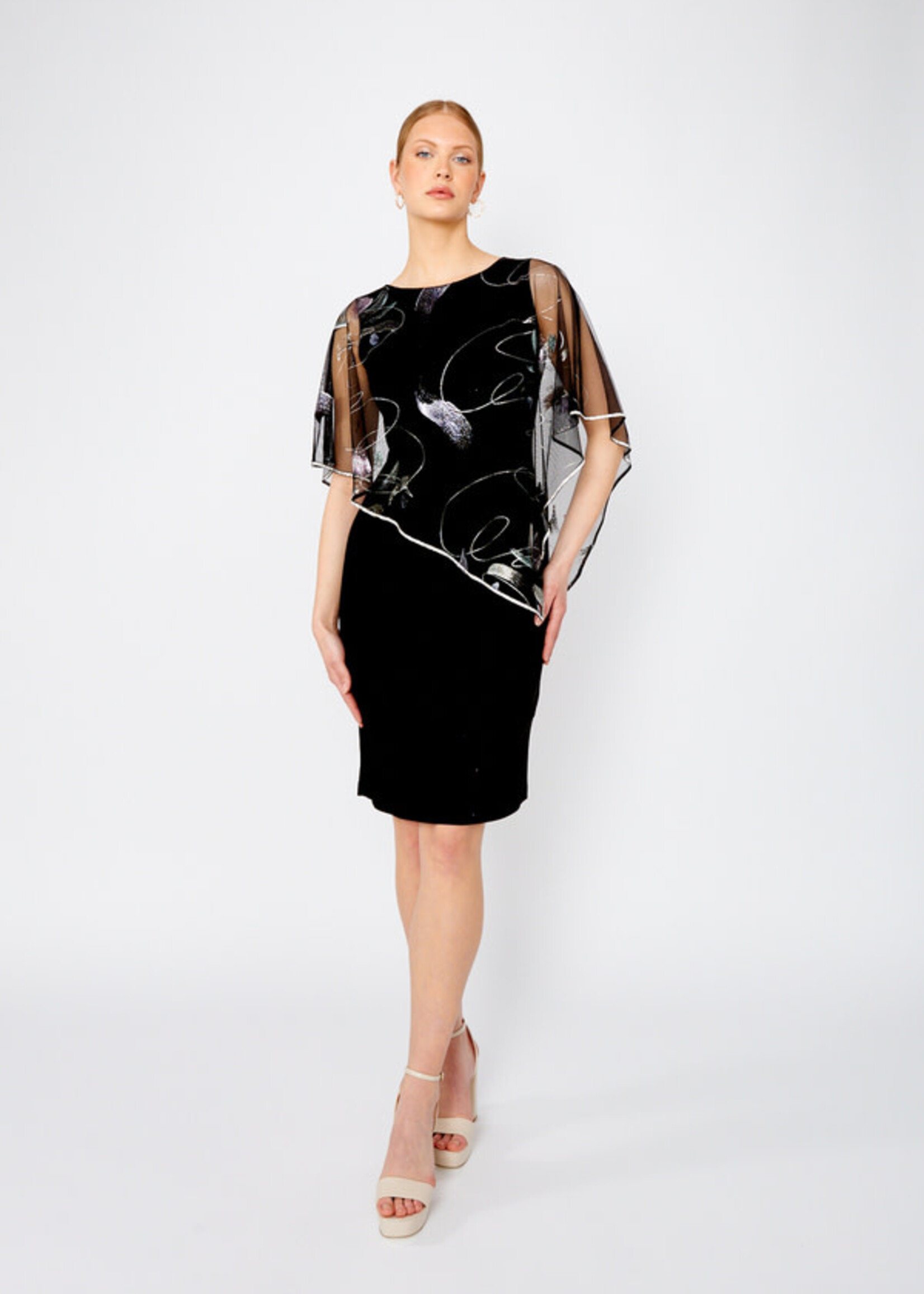 Frank Lyman Printed metallic cape overlay dress