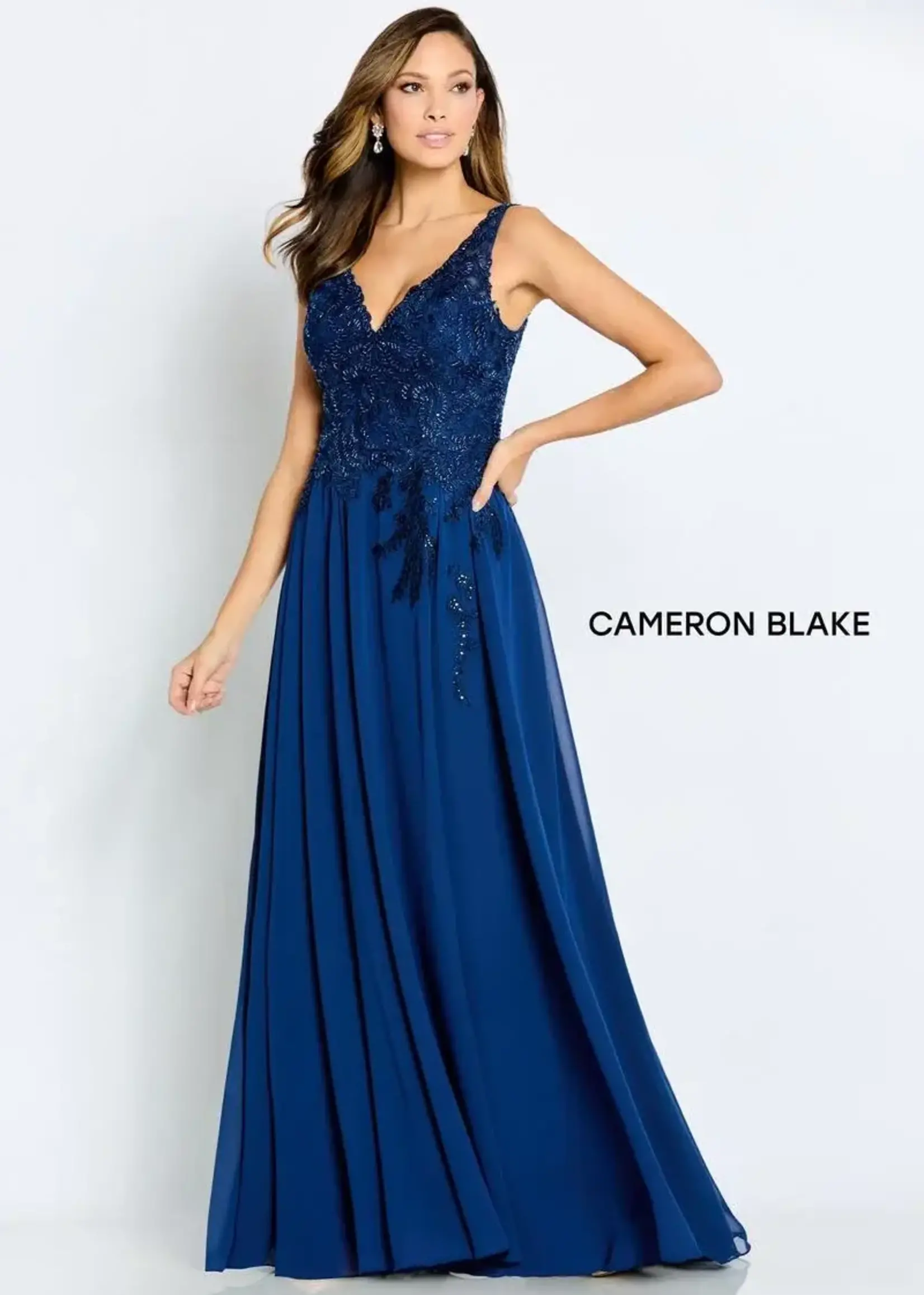 Cameron Blake Beaded lace bodice chiffon skirt gown