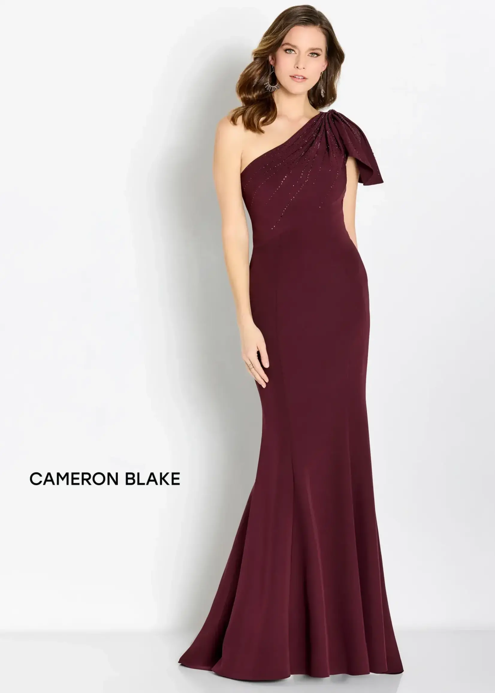 Cameron Blake Bordeaux fit and flare one sleeve embellished gown