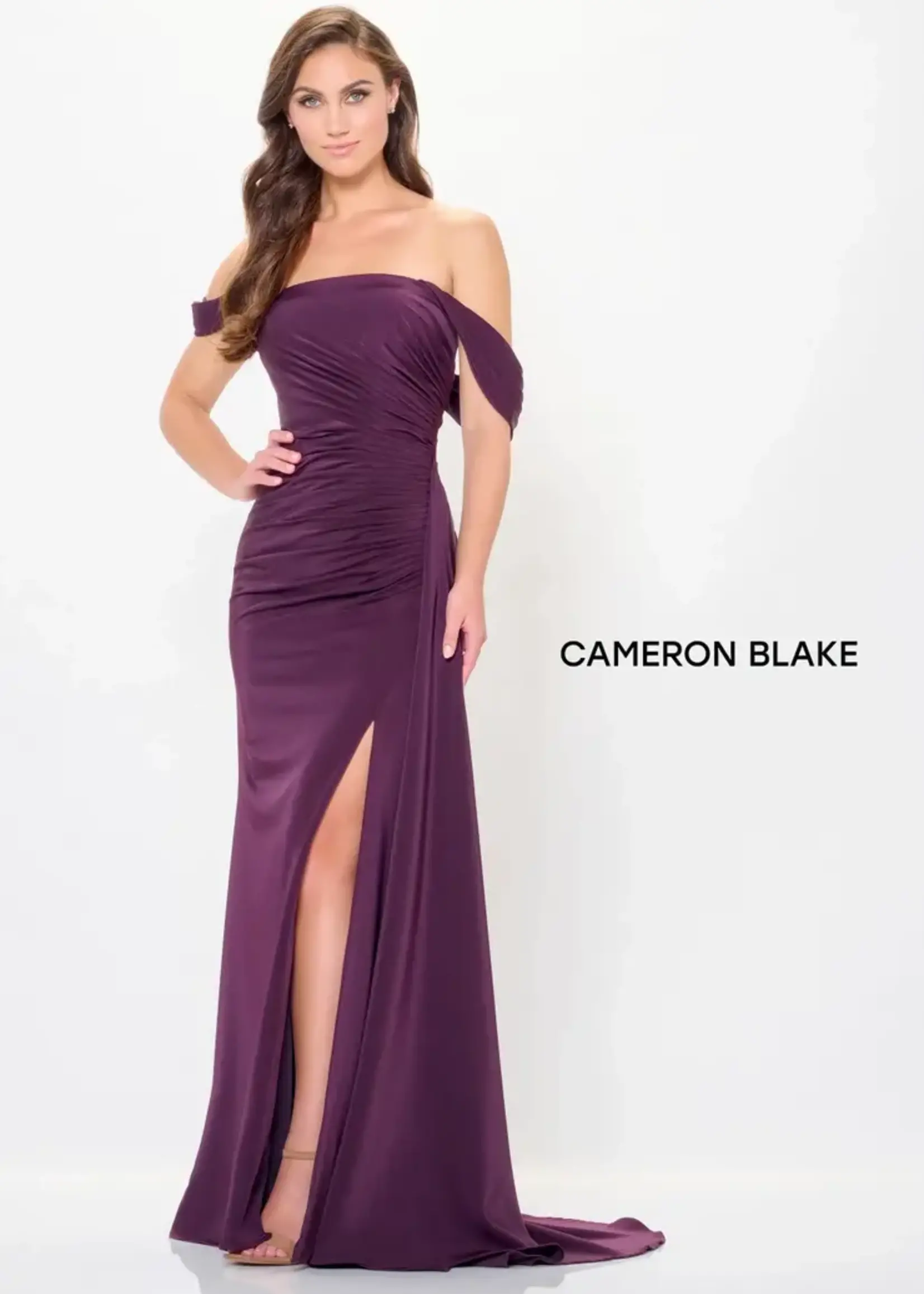 Cameron Blake Draped sleeve ruched bodice gown