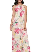 SLNY Halter Neck Floral Front Slit Dress