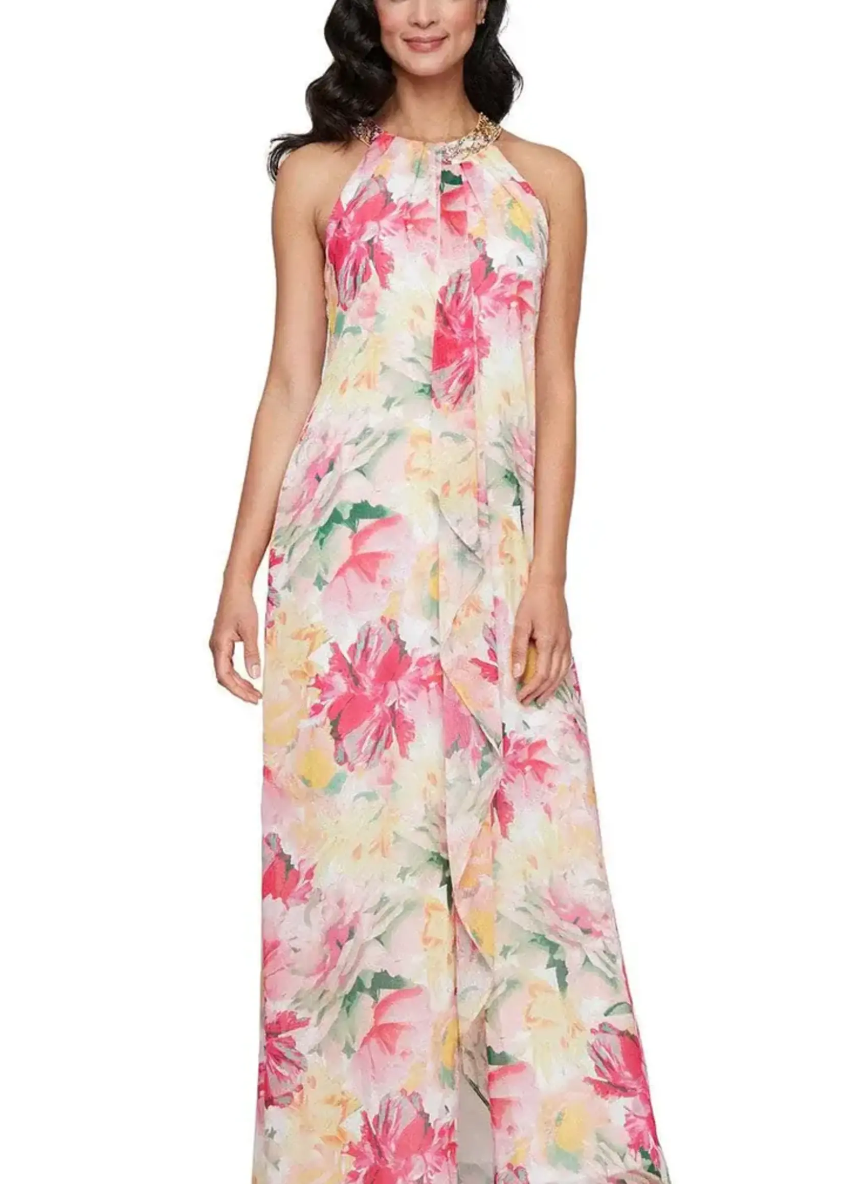 SLNY Halter Neck Floral Front Slit Dress