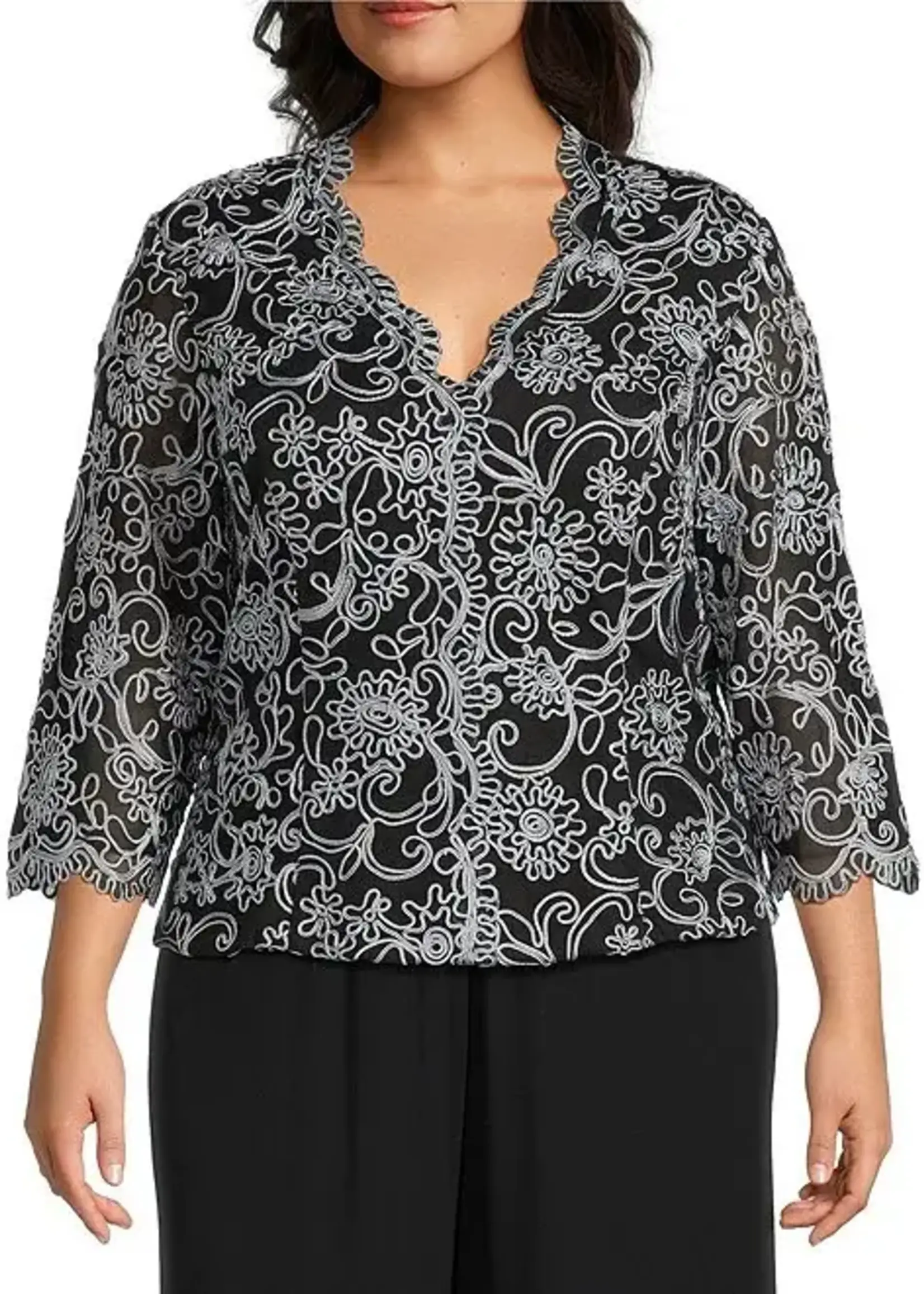 Alex evening Scalloped Neckline Embroidered Blouse
