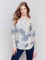Charlie B Ribbed sleeve detail print top