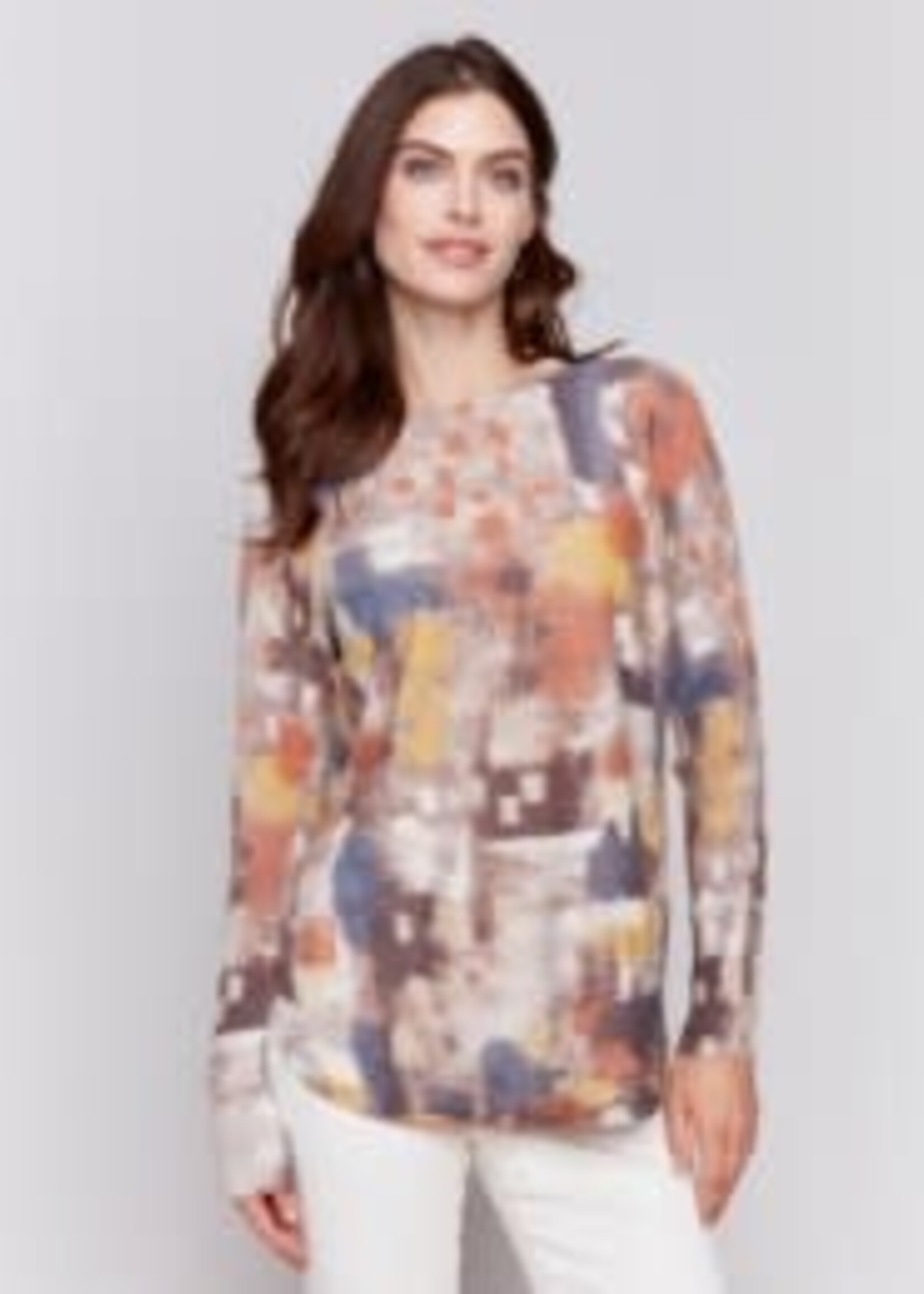 Charlie B Ribbed sleeve detail print top