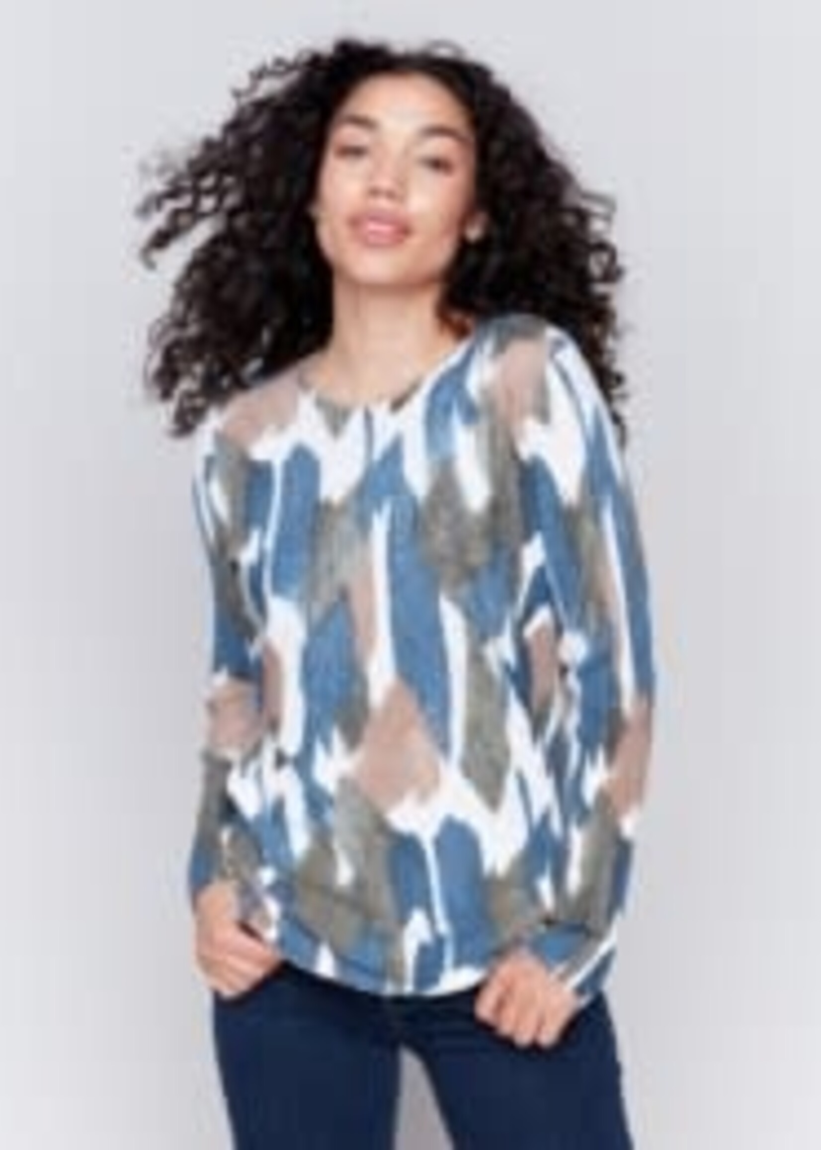Charlie B Ribbed sleeve detail print top