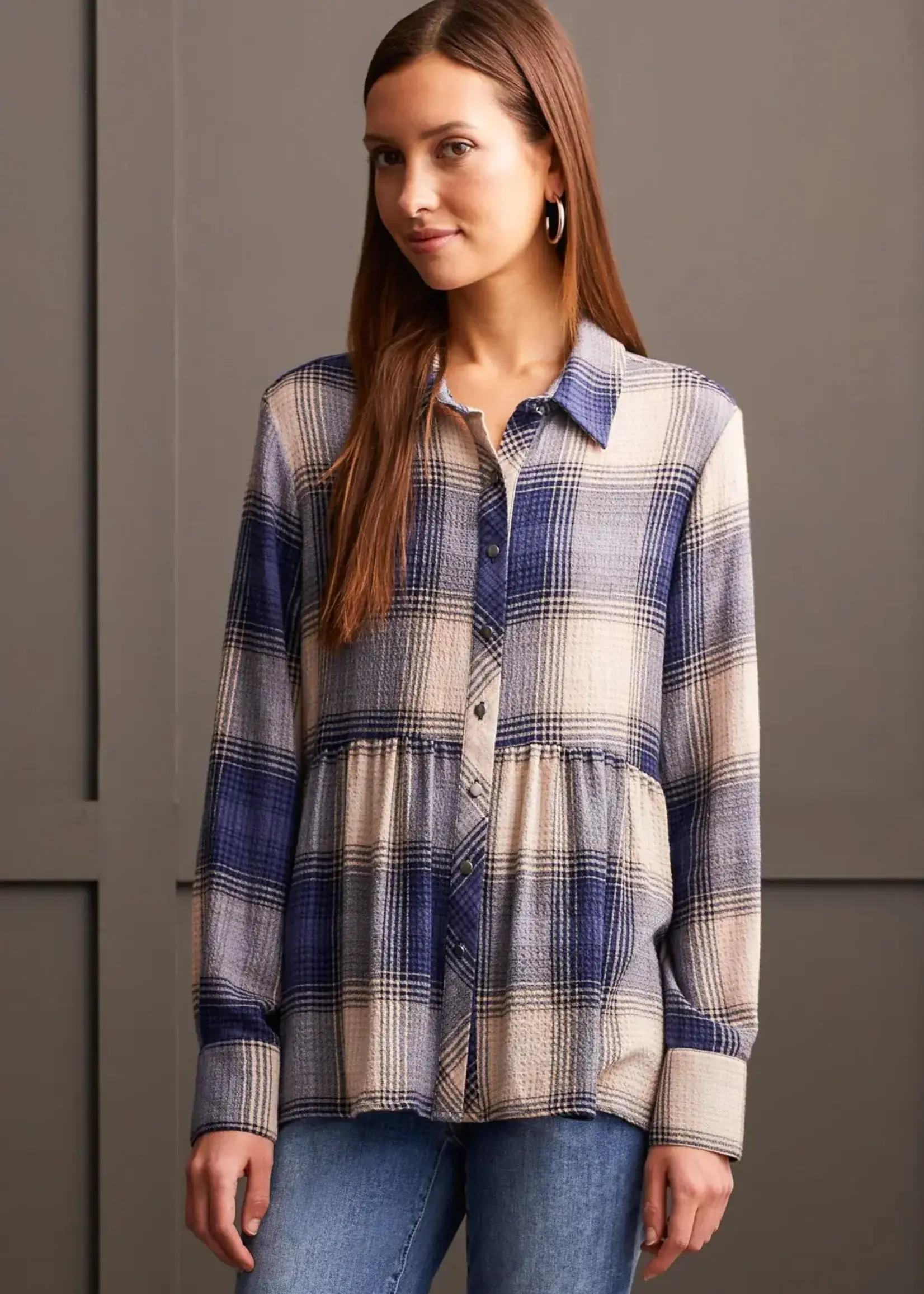 Tribal Plaid peplum button blouse