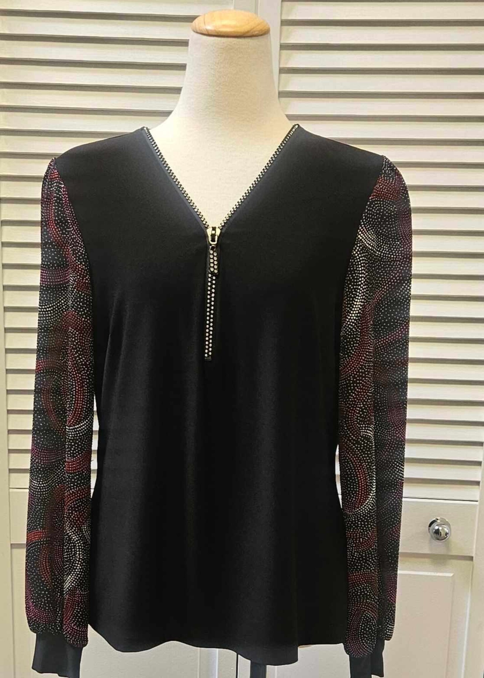 Frank Lyman Puff sleeve rhinestone half zip top