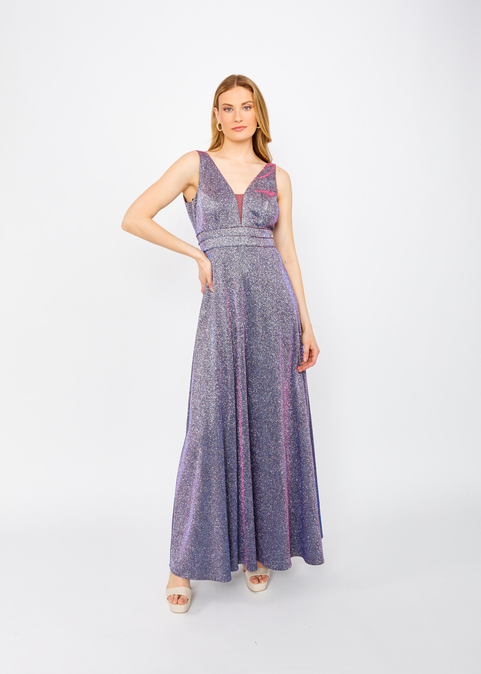 Frank Lyman Belted v-neck metalic woven dress