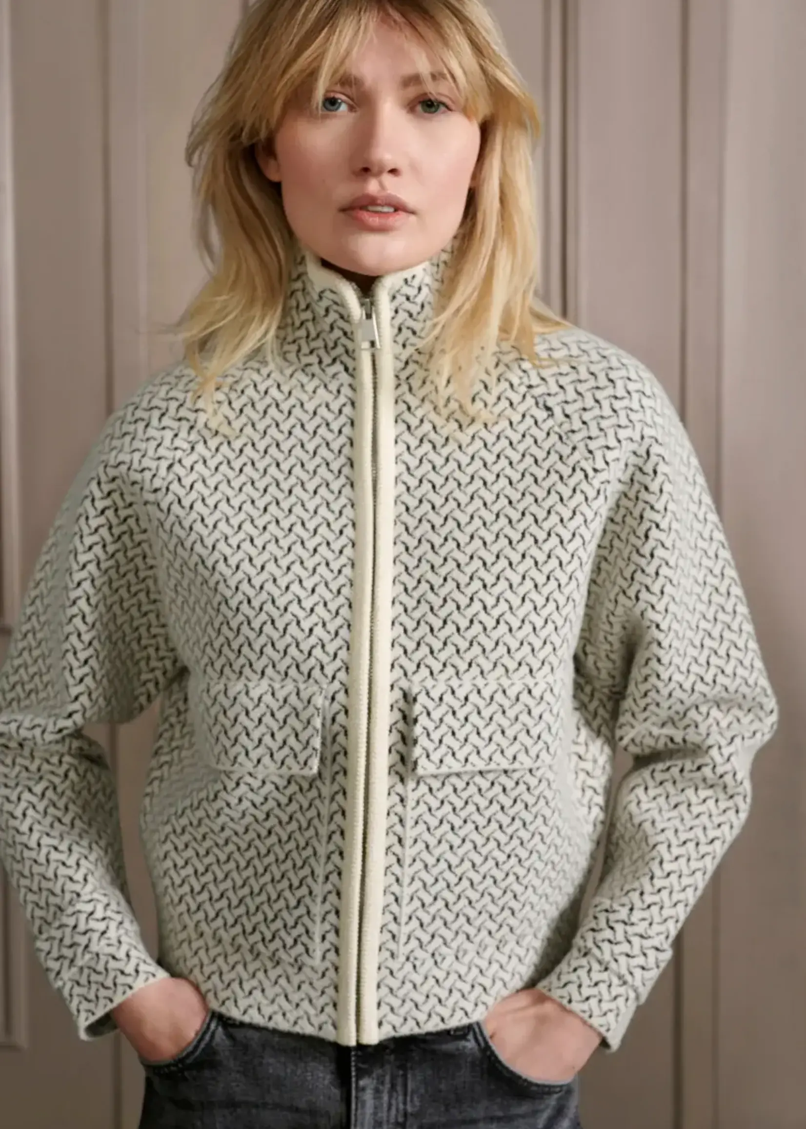 YaYa Women Woven print zip sweater