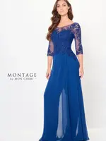 Montage Embroidered lace bateaux neck 3pc sheer overlay, pant, skirt
