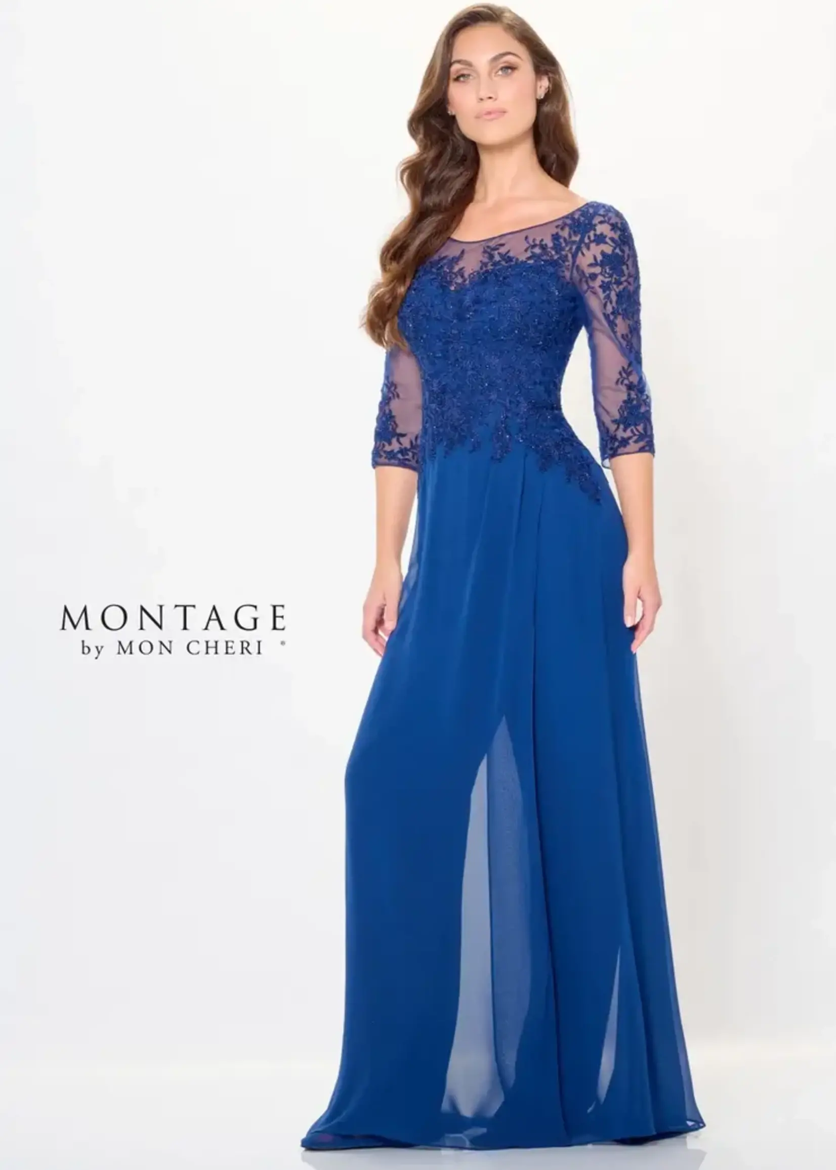 Montage Embroidered lace bateaux neck 3pc sheer overlay, pant, skirt