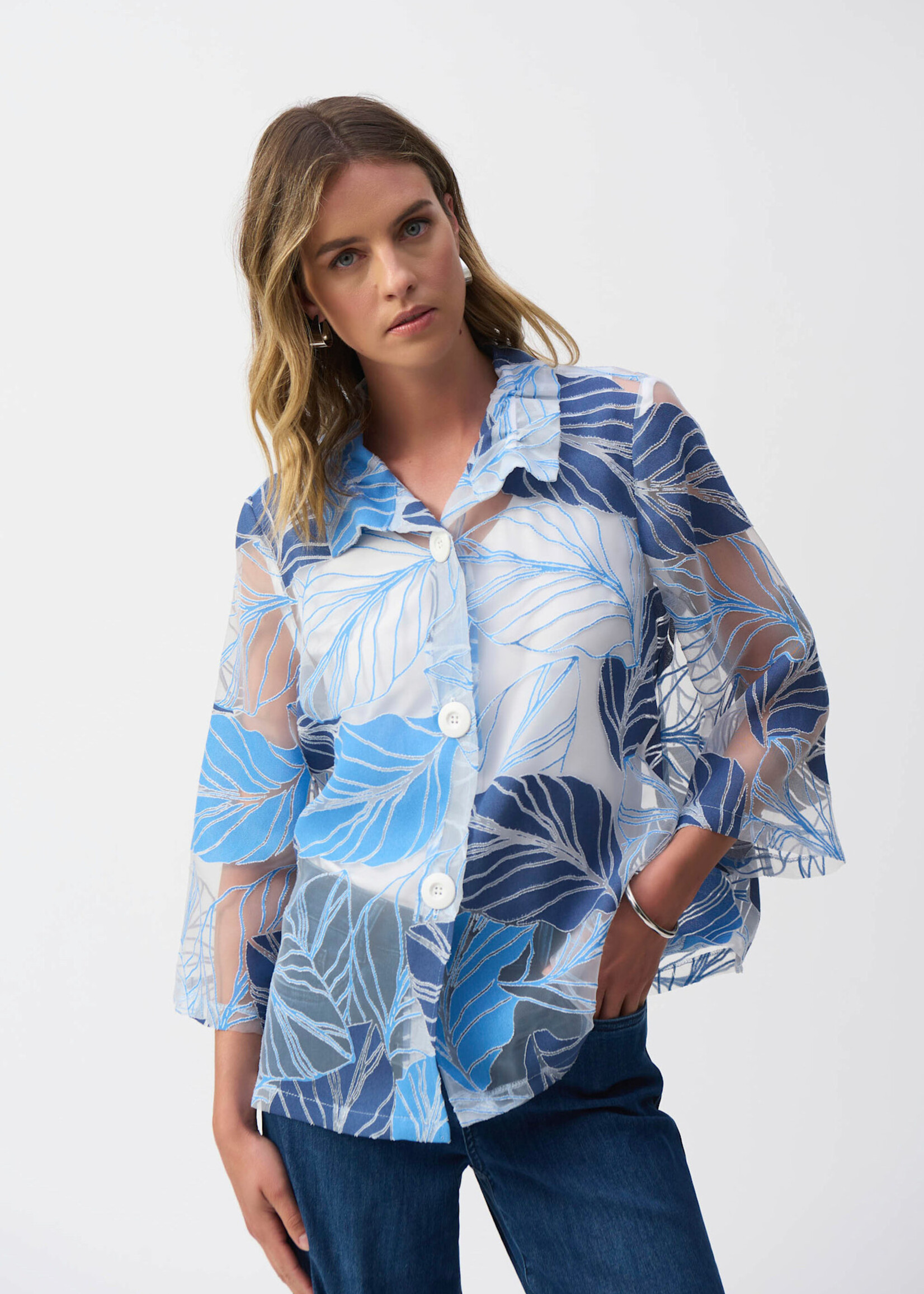 Joseph Ribkoff Floral sheer collared button up