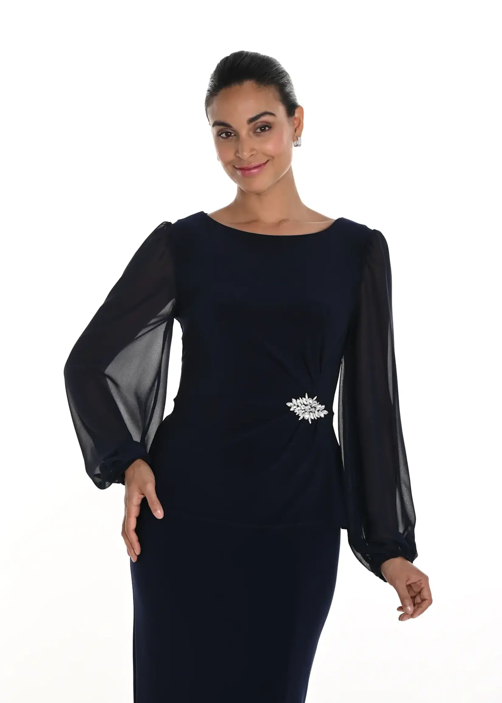 Frank Lyman Chiffon bell sleeve top w/ gathered embellishment