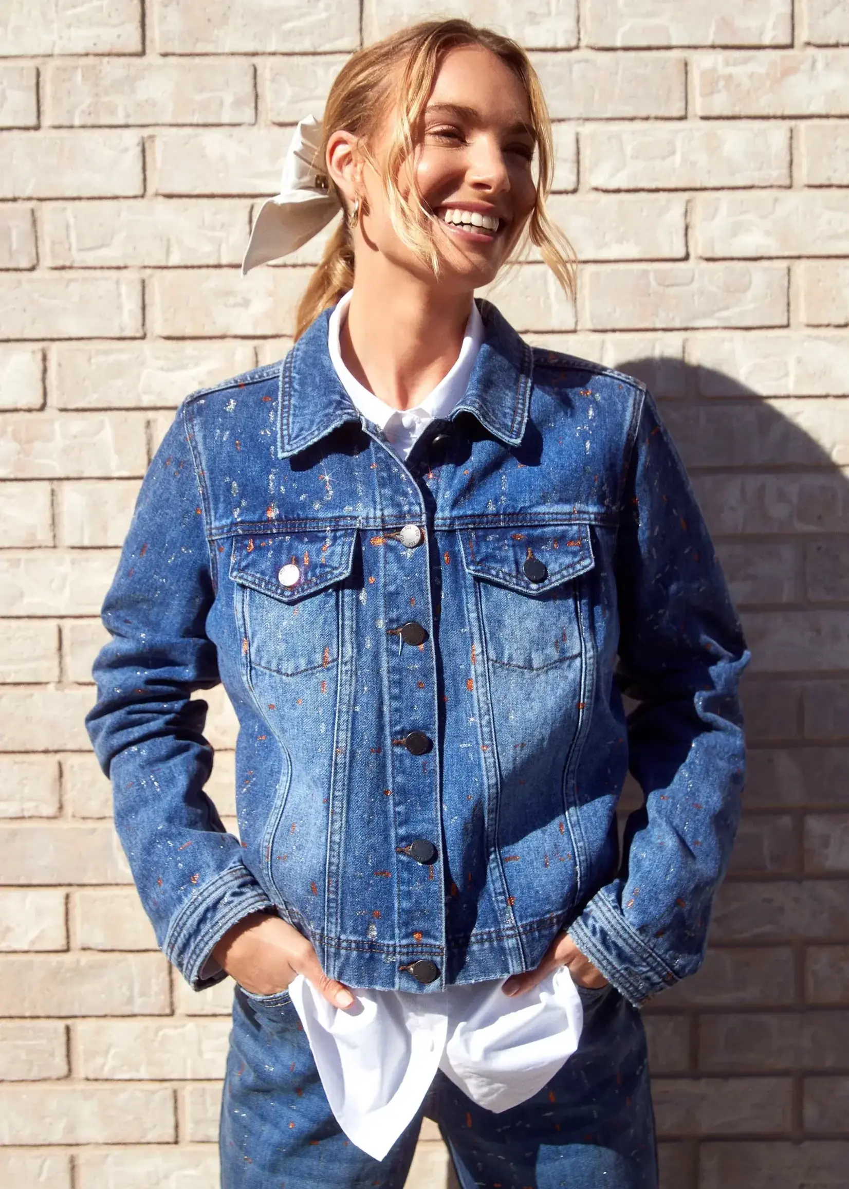 French Dressing Jeans Metallic splatter crop denim jacket