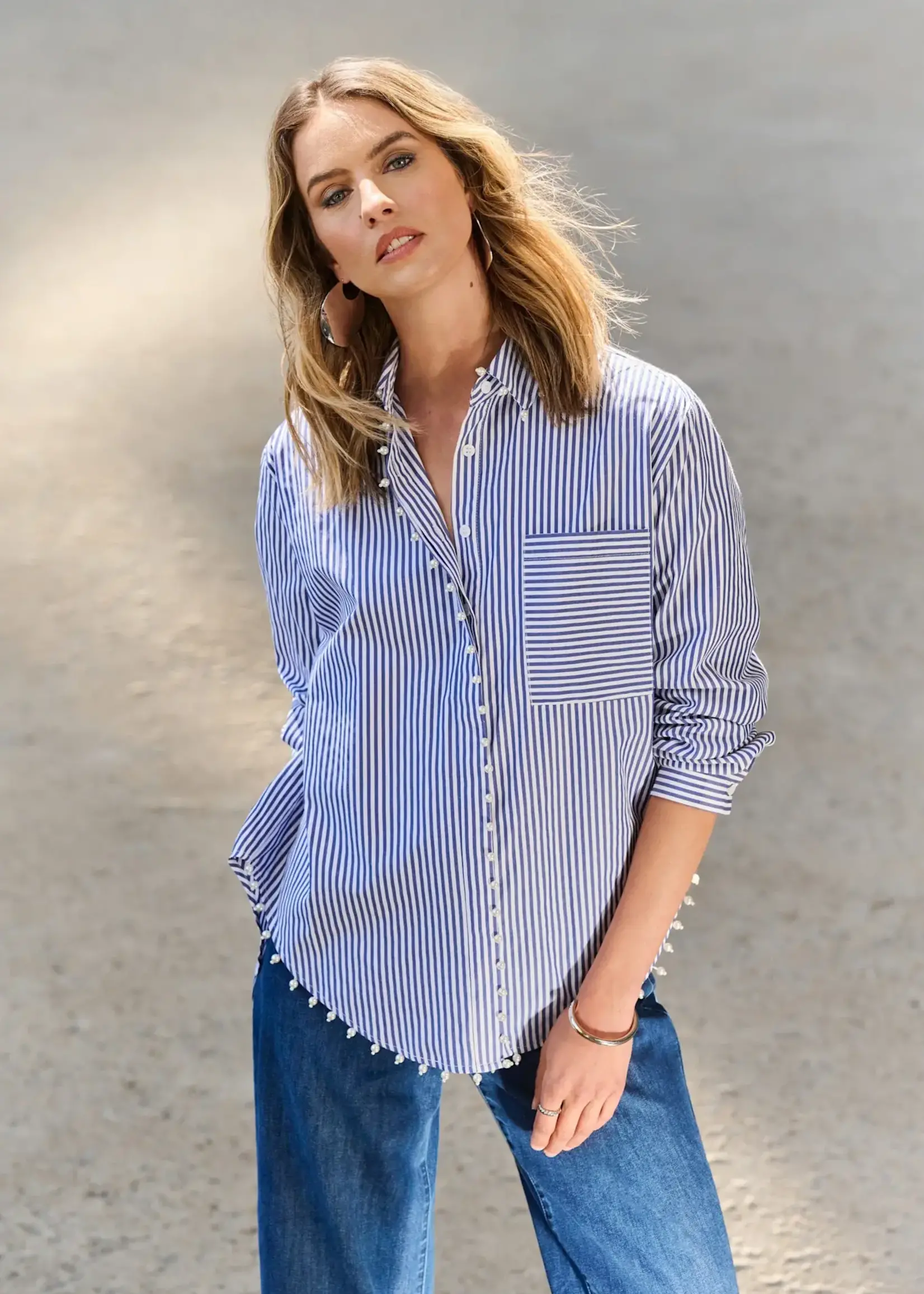 Joseph Ribkoff Stripe blouse w/ pearl trim