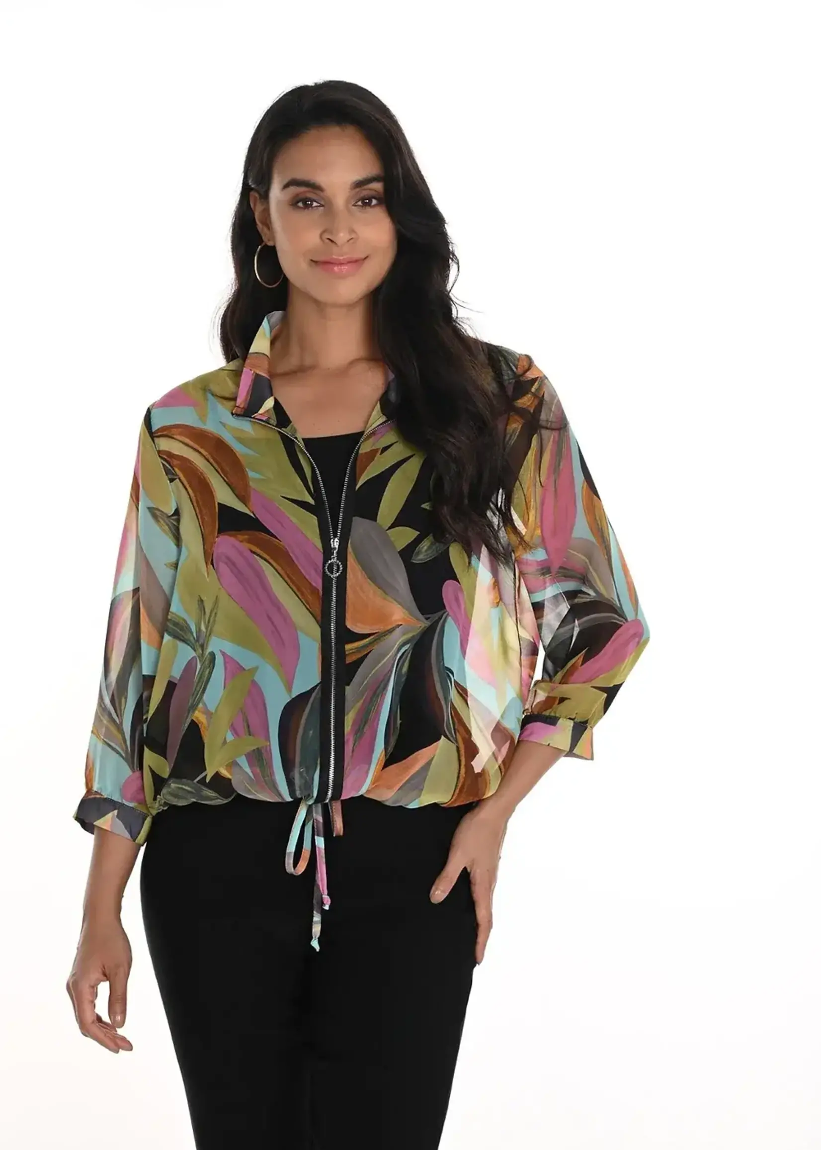 Botanical sheer sleeve zip jacket