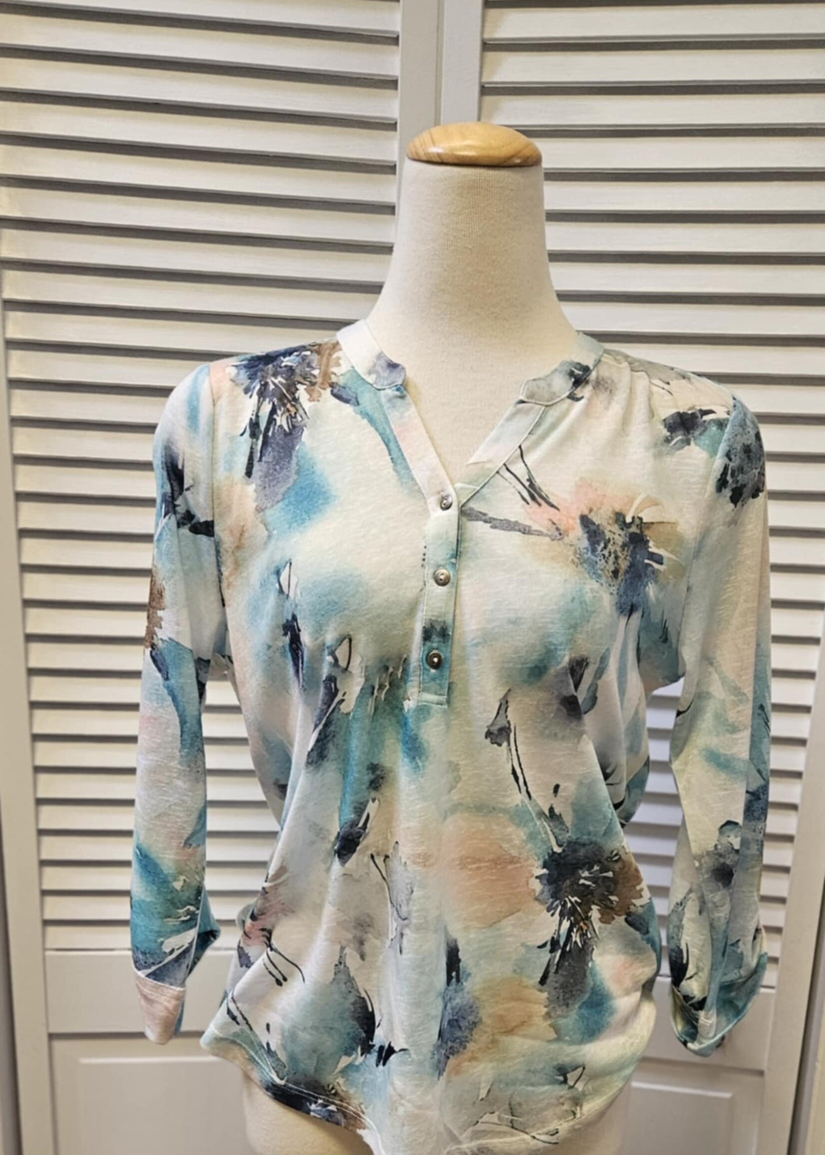French Dressing Jeans 3/4 tab  sleeve henley print top