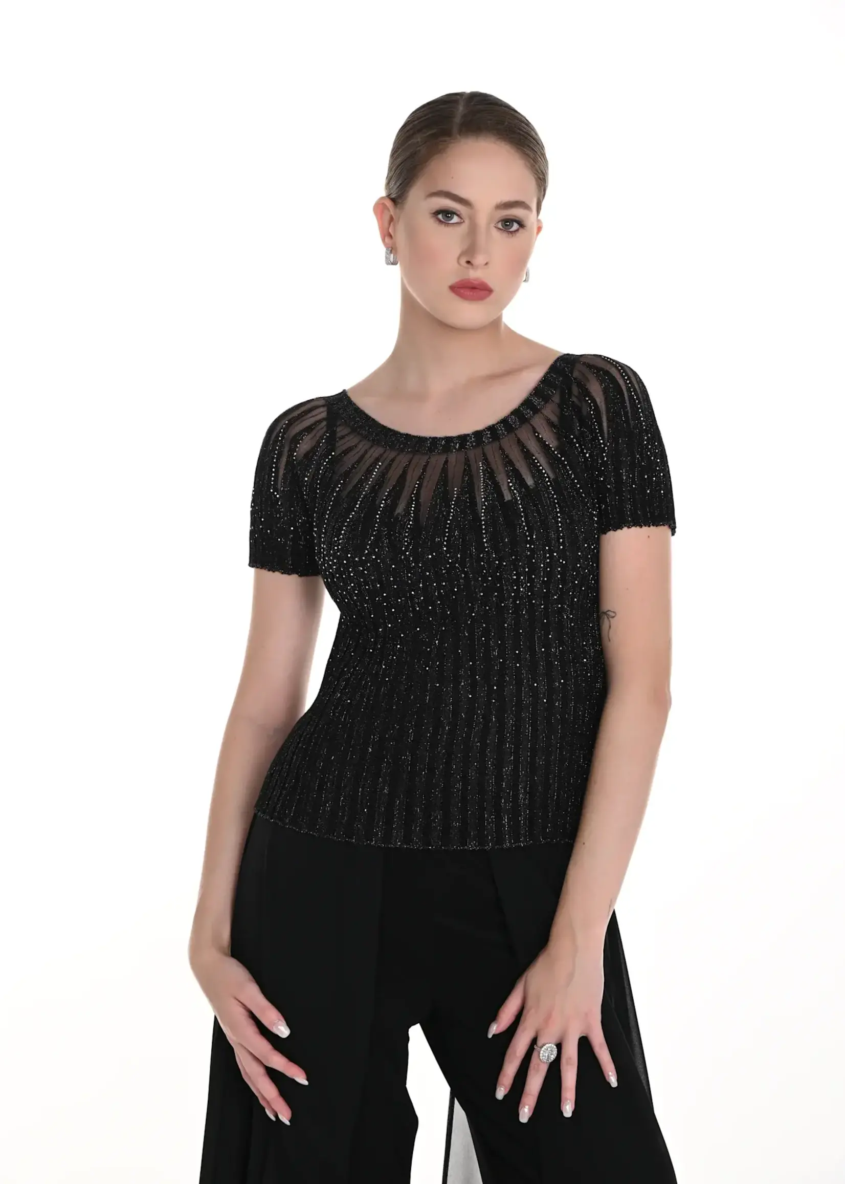 Frank Lyman Boat neck shimmer studded tee