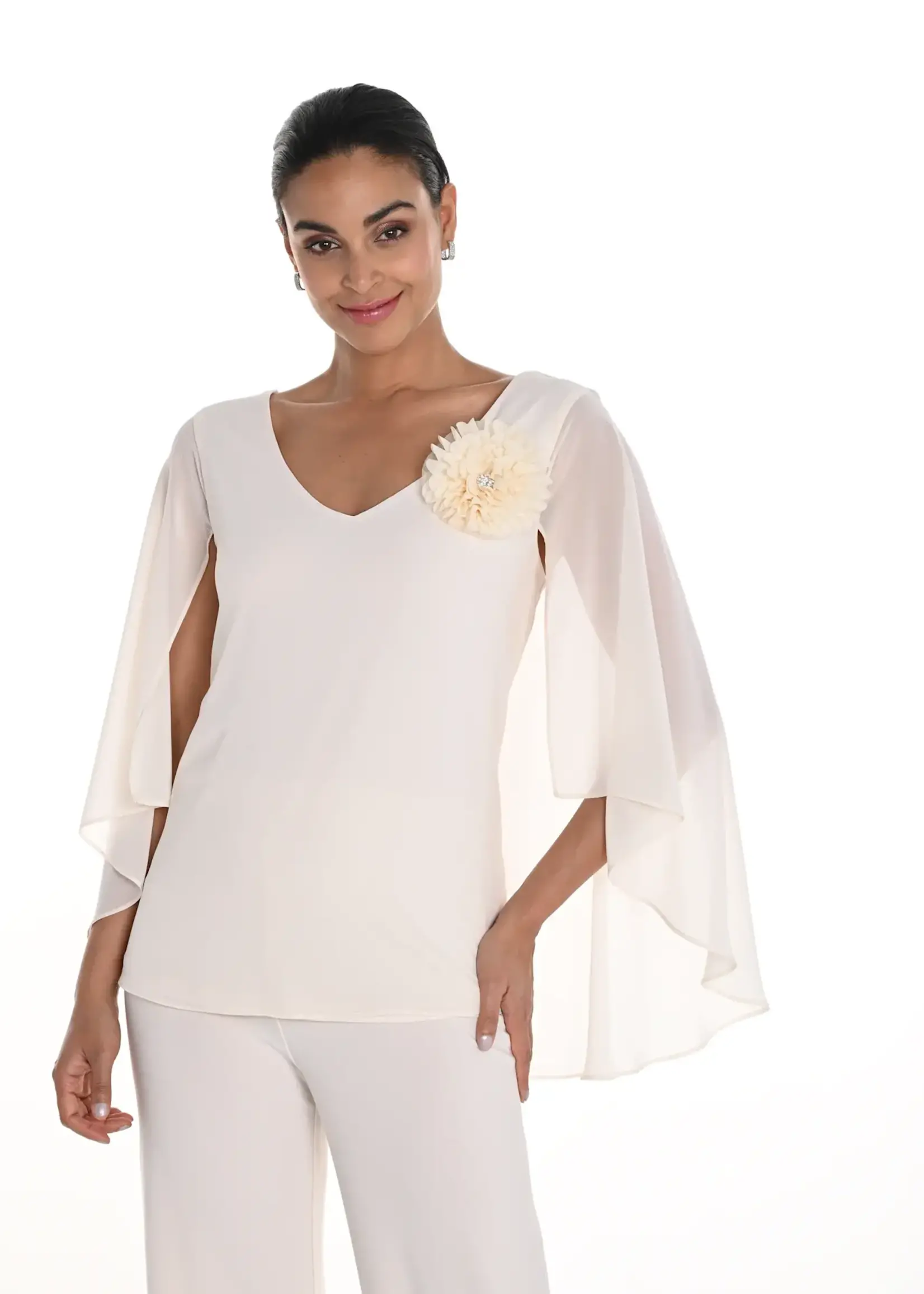 Frank Lyman Chiffon cape sleeve top w/ floral embellishment
