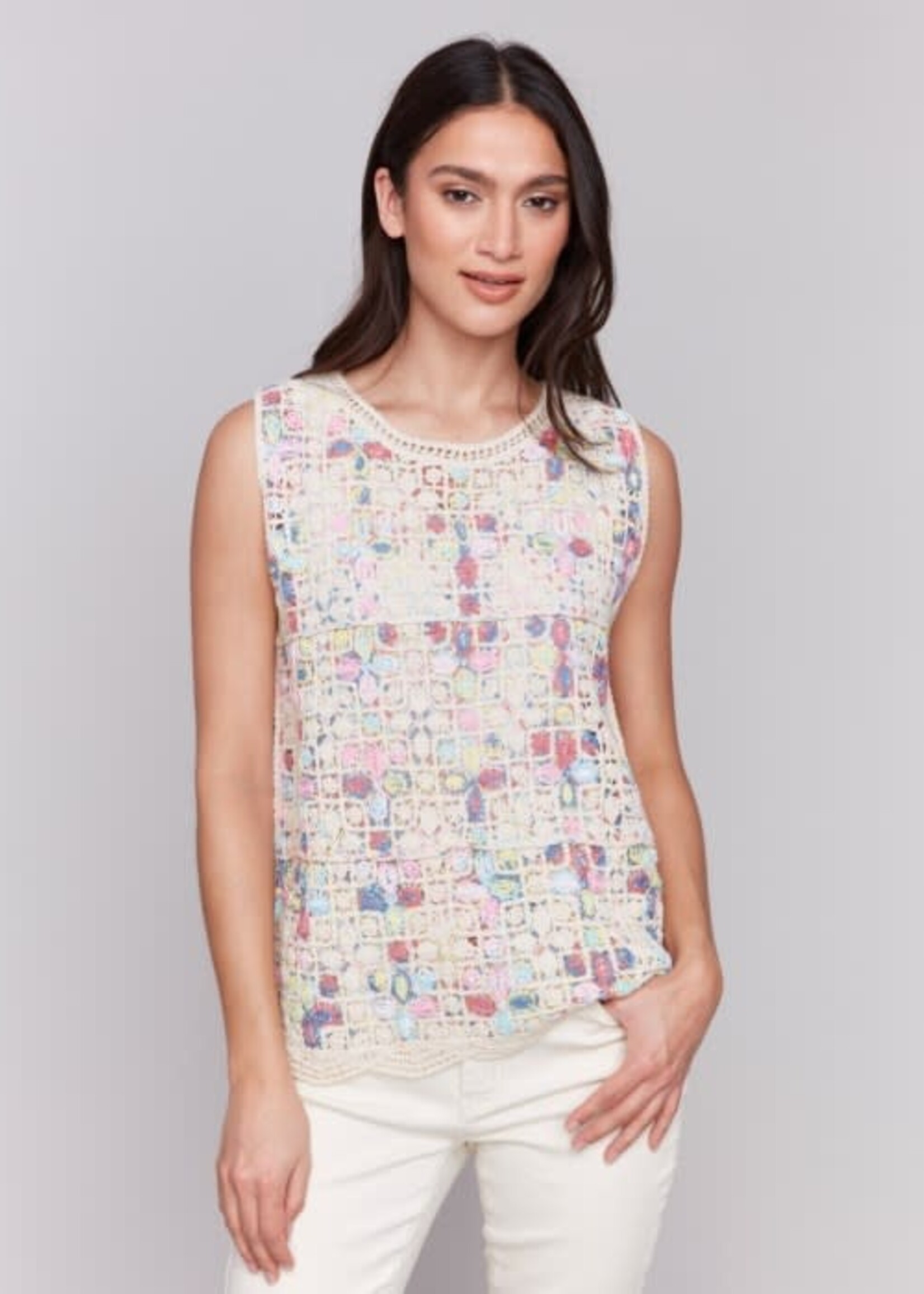 Charlie B Sleeveless Crochet Crew Neck Top
