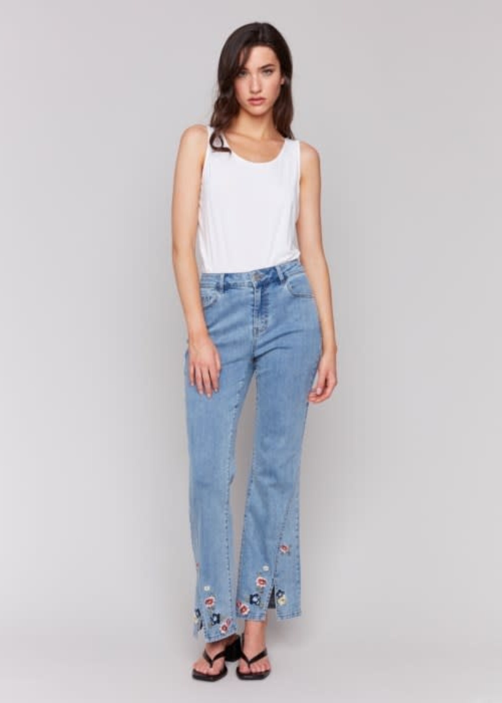 Charlie B Front Slit Floral Embroidered Pant