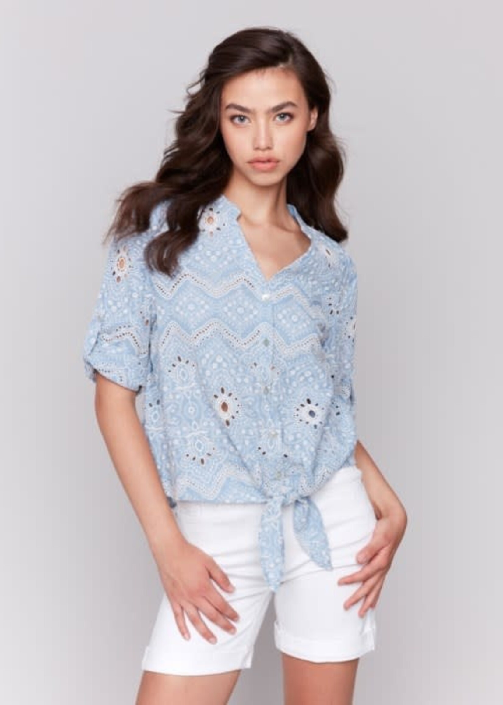 Charlie B Eyelet Embroidery Front Tie Top