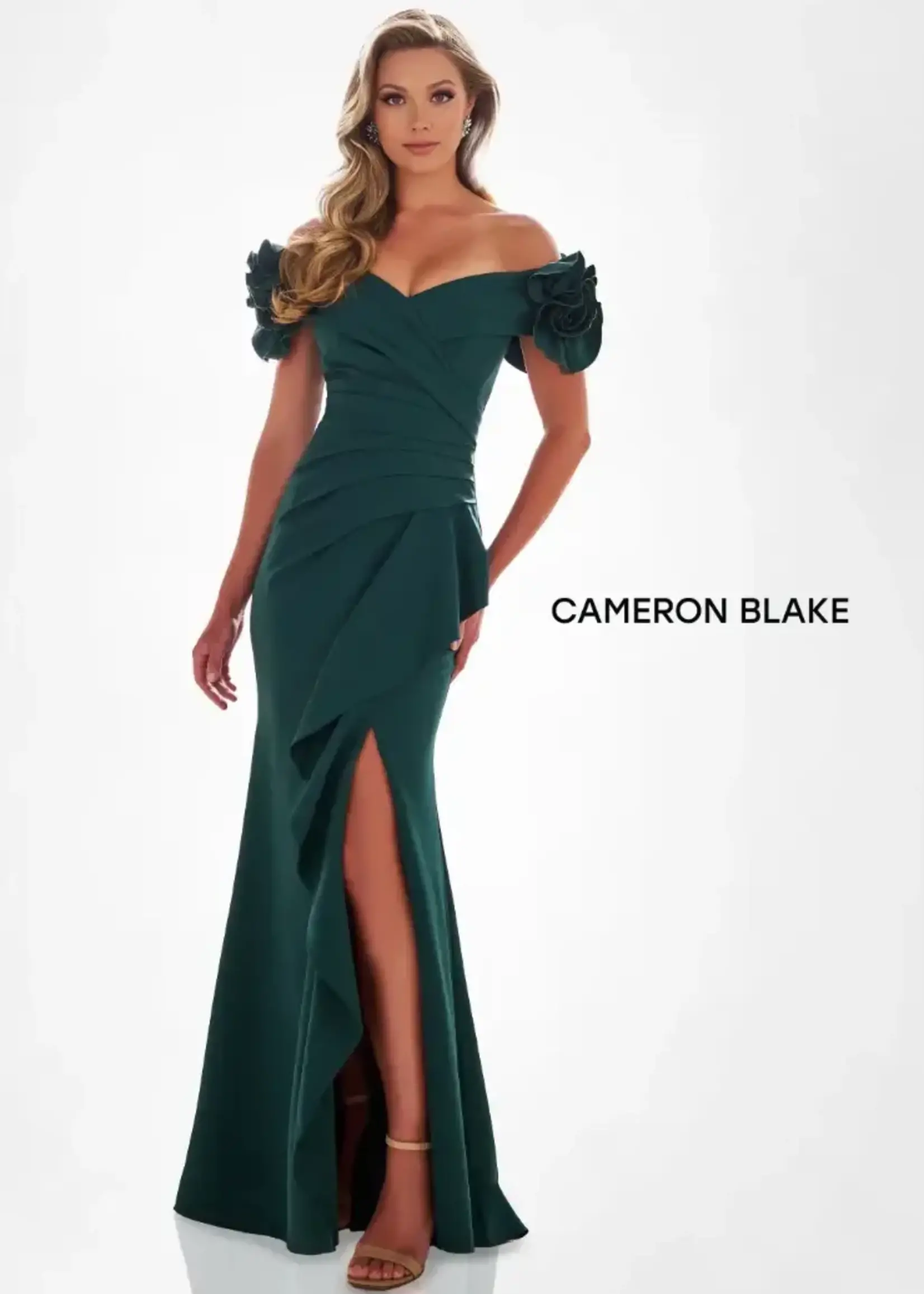 Cameron Blake 3D Floral off-shoulder gown