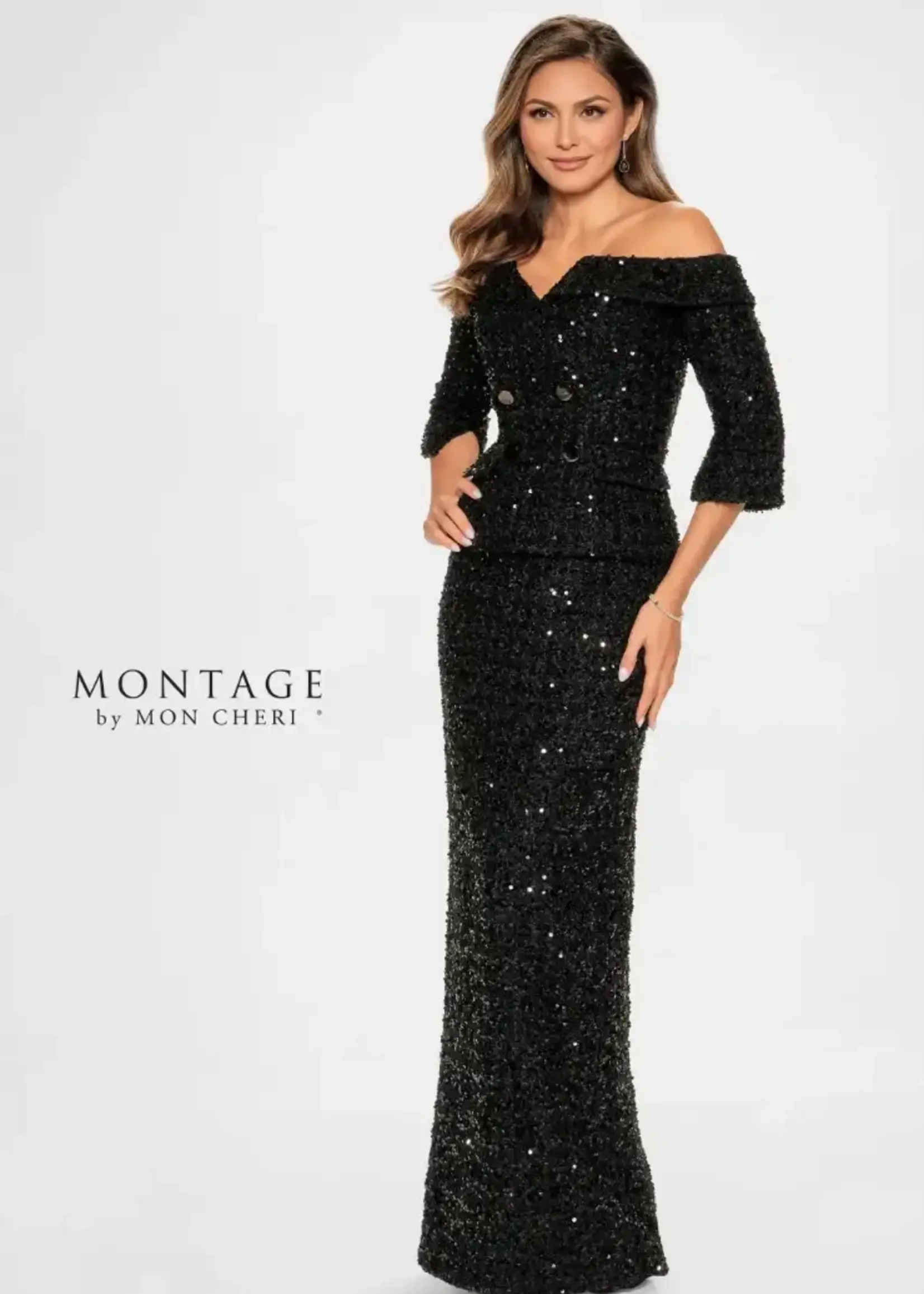 Montage 3D Tweed off- shoulder w/ skirt & pant