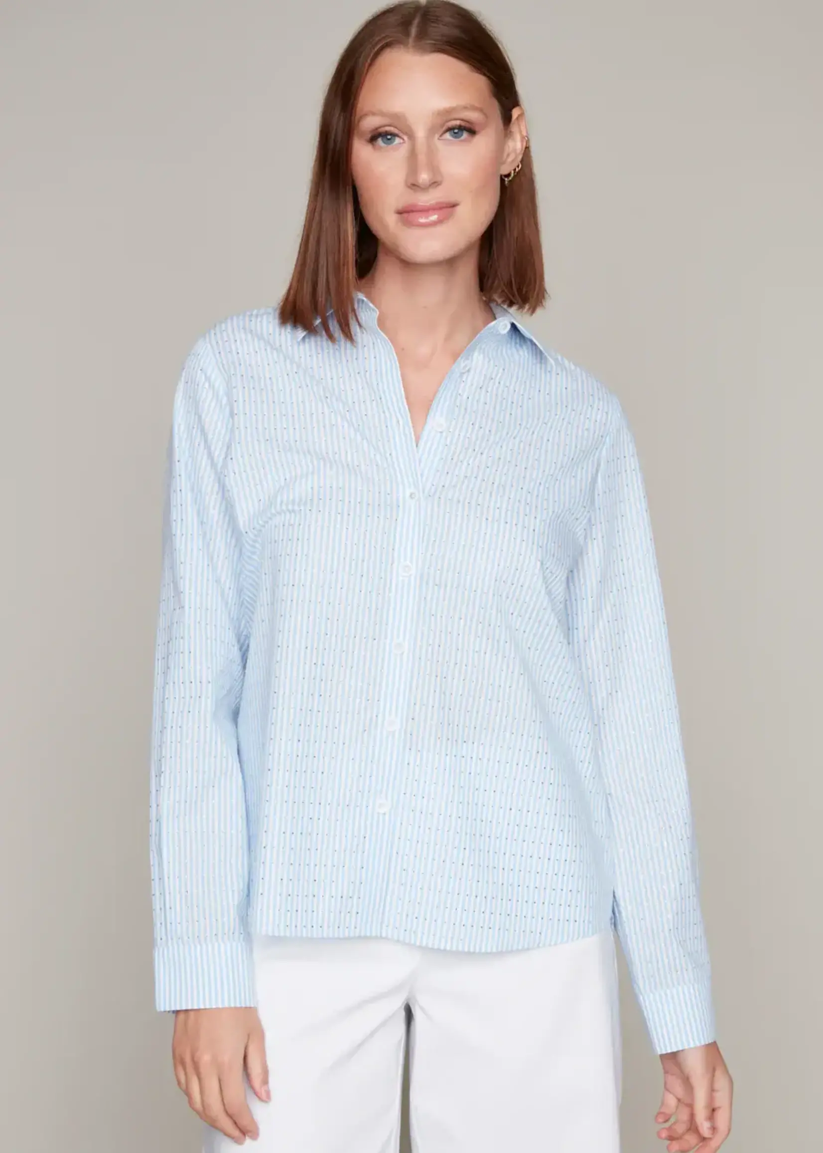 Carre Noir Oxford Rhinestone Stripe Blouse