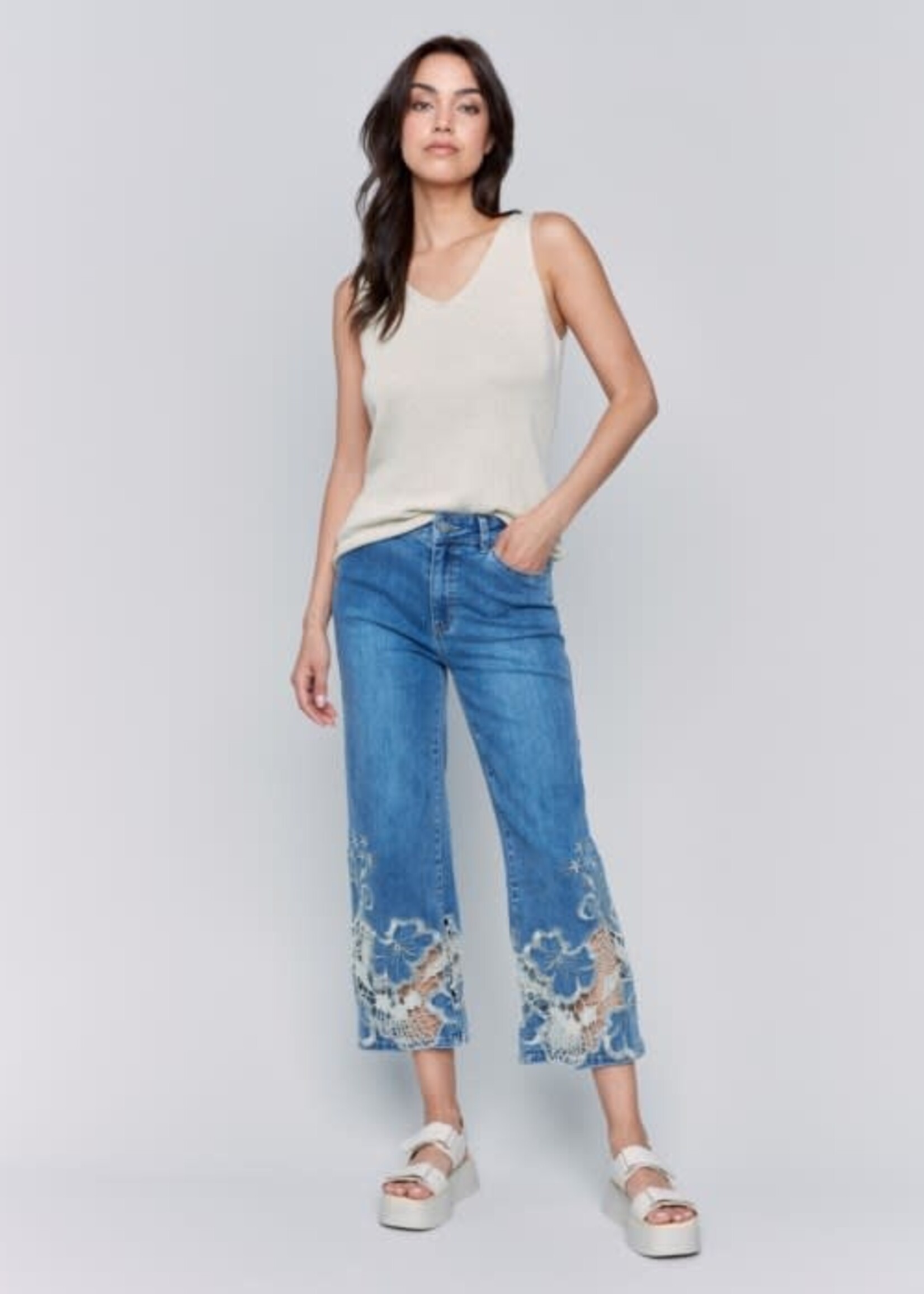 Charlie B Laser Cut Lace Bottom Jean